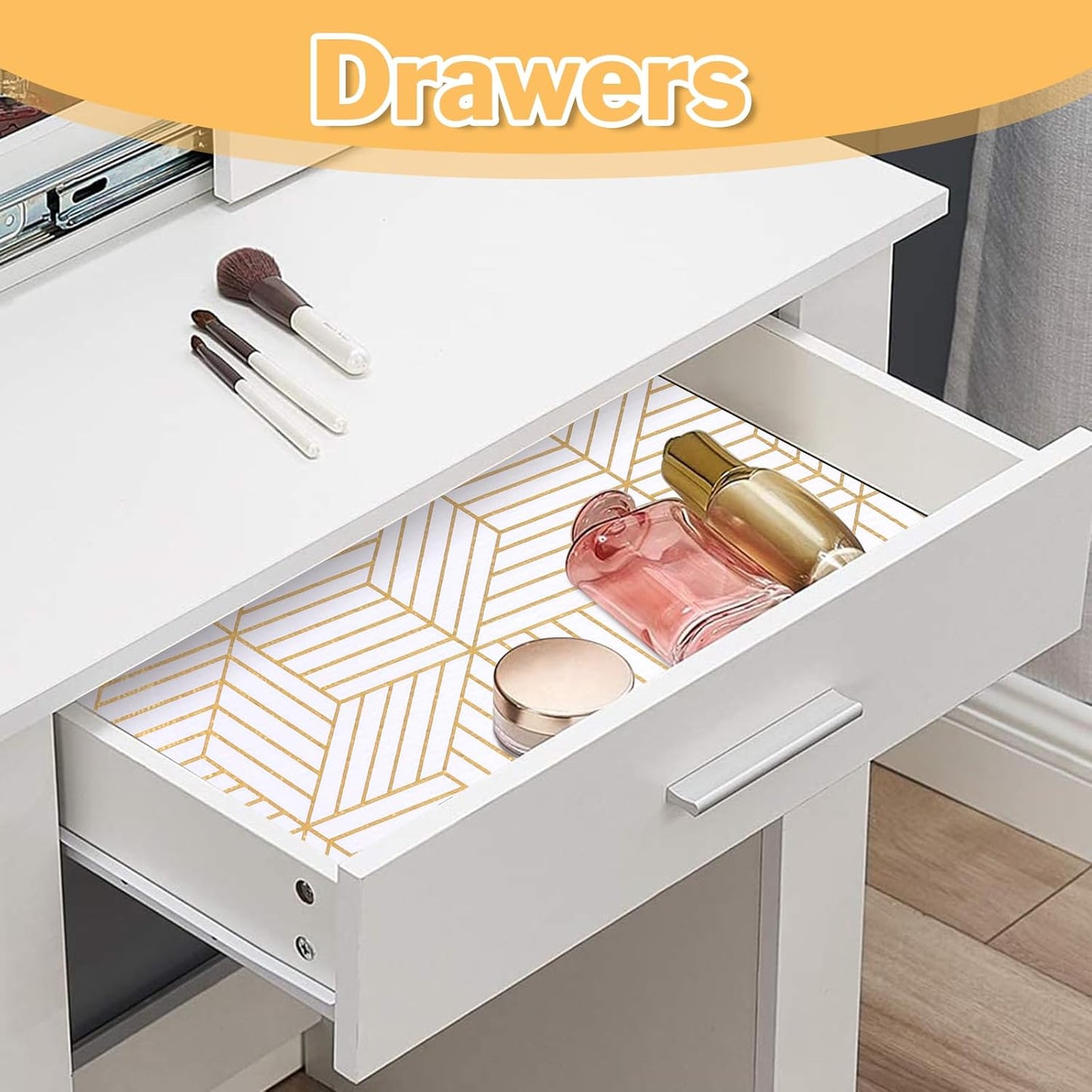 Shelf Liners for Kitchen Cabinets Non Adhesive Shelf Liner Paper Non-Slip Thickened Drawer Liner Easy to Clean for Tool Box Refrigerator with Knife and Tape Measure, Gold Geometric, 17.3 x 354.3 in