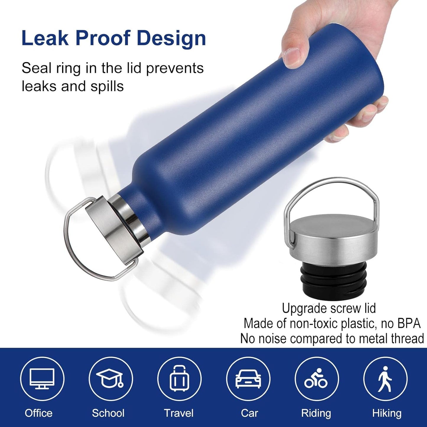 Neihepal 20 oz Insulated Water Bottles Bulk 8 Pack,Stainless Steel Double Wall Sport Bottle with Lid of Handle,Metal Reusable Flask with Cup Cap for School,Hikers,Gift (Navy,Set of 8)