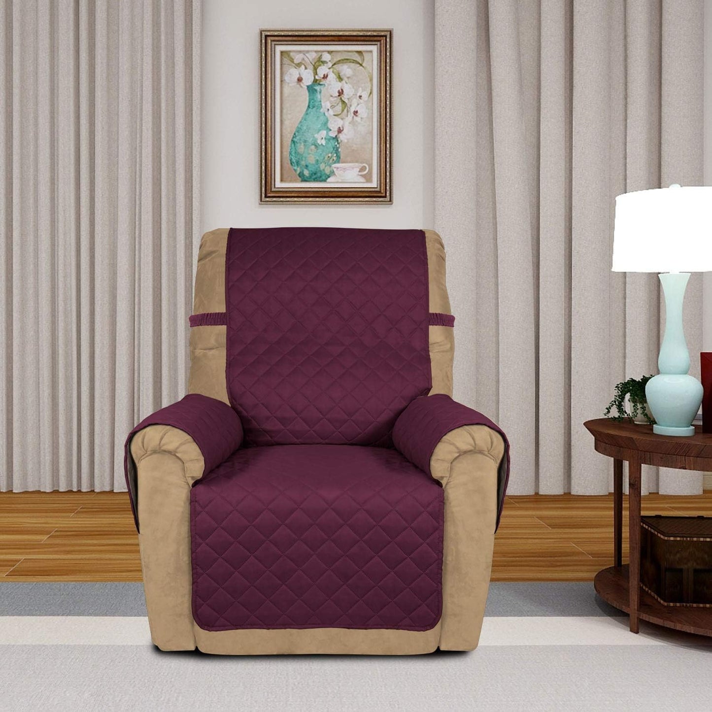 PureFit Reversible Quilted Recliner Sofa Cover, Water Resistant Slipcover Furniture Protector, Washable Couch Cover with Elastic Straps for Kids, Dogs, Pets (Small, Wine/Beige)