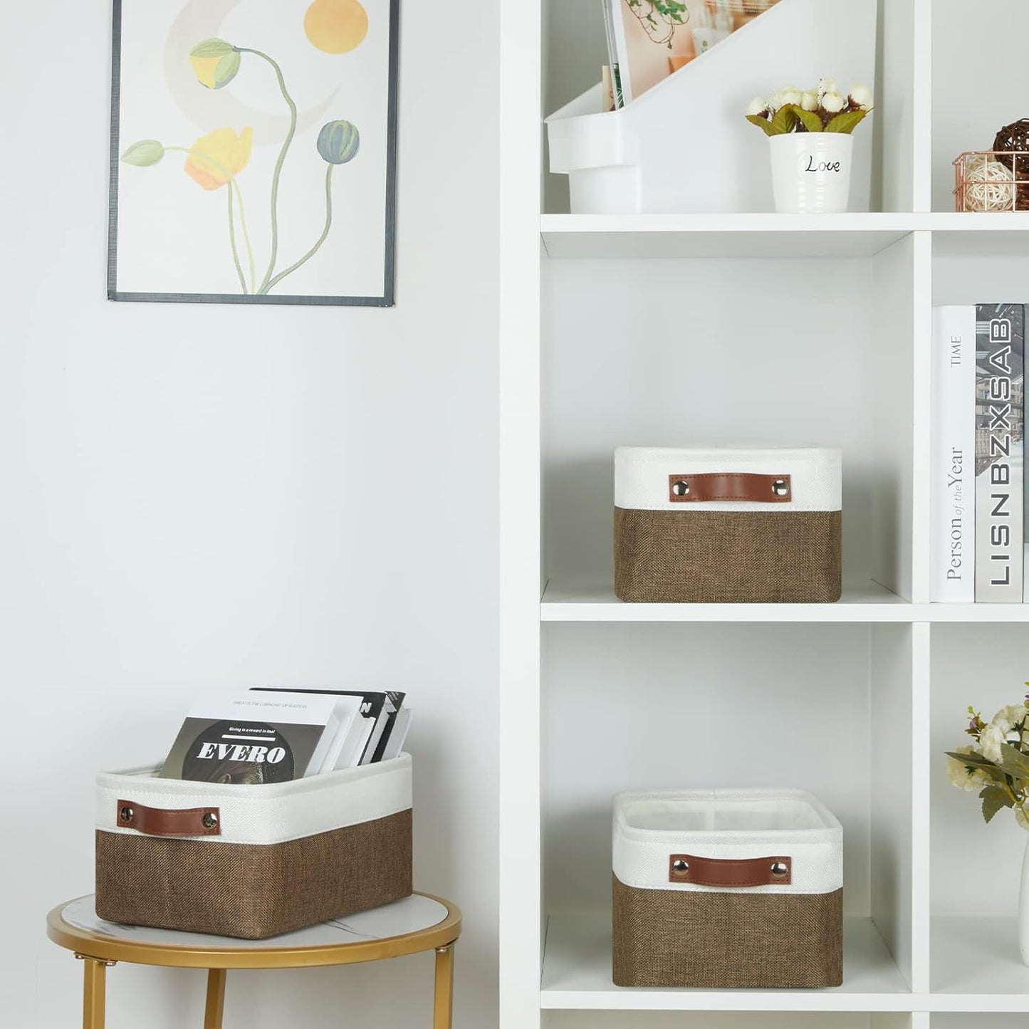 HNZIGE Small Fabric Storage Bins (6 Pack) - Foldable Decorative Baskets with Handles, Empty Gift Baskets for Storage (Brown & White, 11.8" x 7.8" x 5.1")