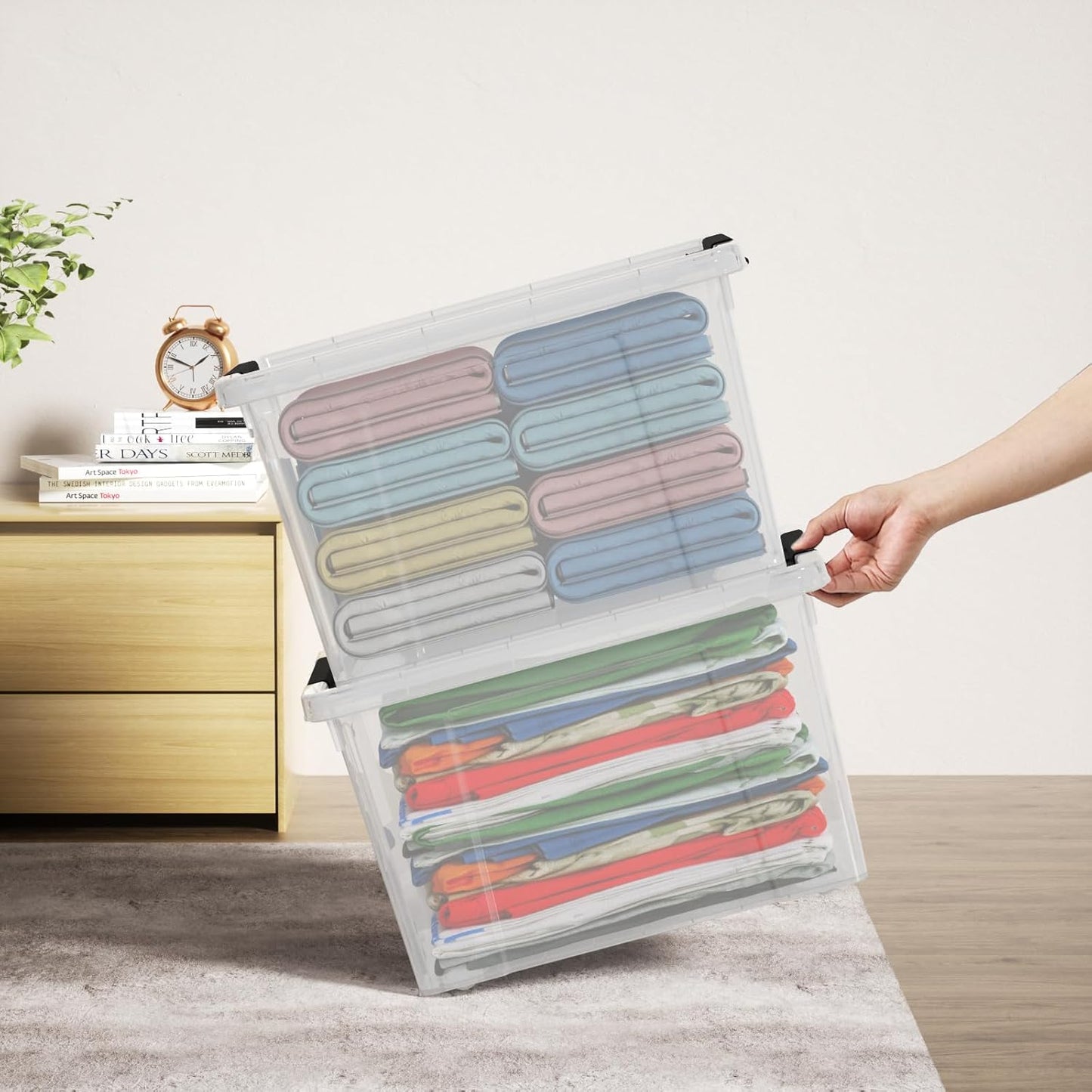 22 Qt Latching Storage Box, Stackable Bin with Latch Lid, Plastic Storage Container Tote, Clear, 4-Pack