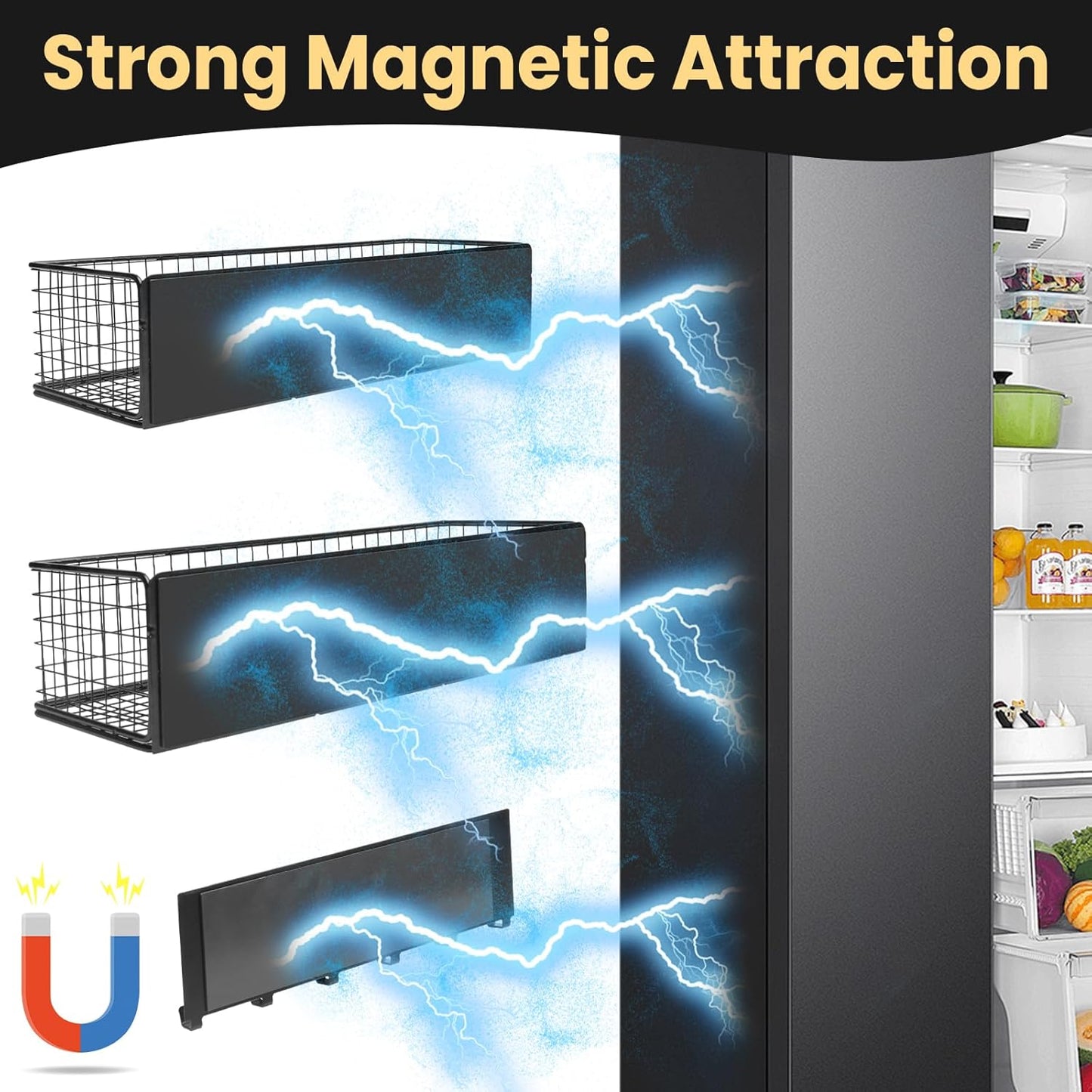 Magnetic Spice Rack for Refrigerator Magnetic Fridge Shelf for Kitchen Spice Organizer Magnetic Shelf, Classic Grid Design, 2*Spice Racks, 1*Hooks Rack, 1*Paper Towel Holder, 5*Removable Hooks