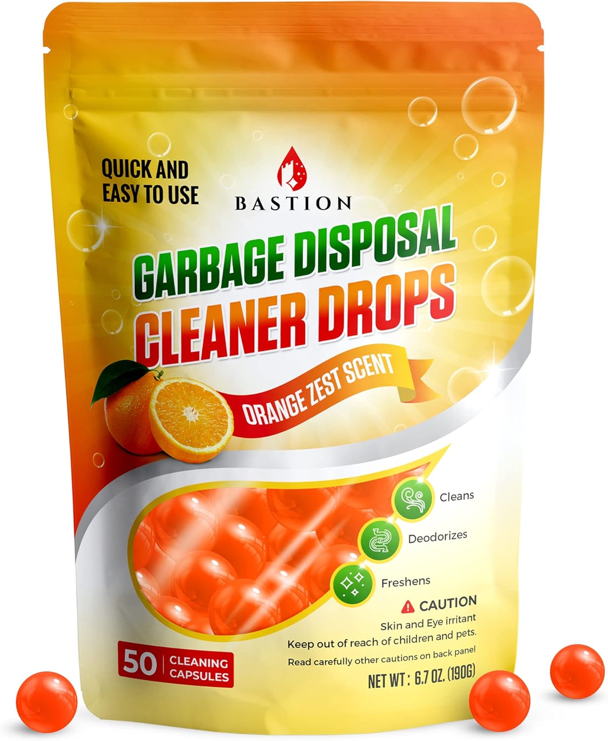 Bastion Garbage Disposal Cleaner and Deodorizer Drops- [[50-Count]] Orange Zest Scented Kitchen Sink Freshener Pods & Drain Odor Eliminator Disposer Care Balls