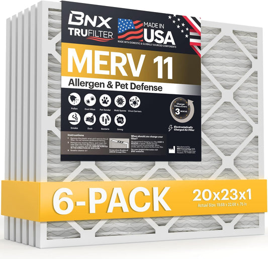 BNX TruFilter 20x23x1 Air Filter MERV 11 (6-Pack) - MADE IN USA - Allergen Defense Electrostatic Pleated Air Conditioner HVAC AC Furnace Filters for Allergies, Dust, Pet, Smoke, Allergy MPR 1200 FPR 7