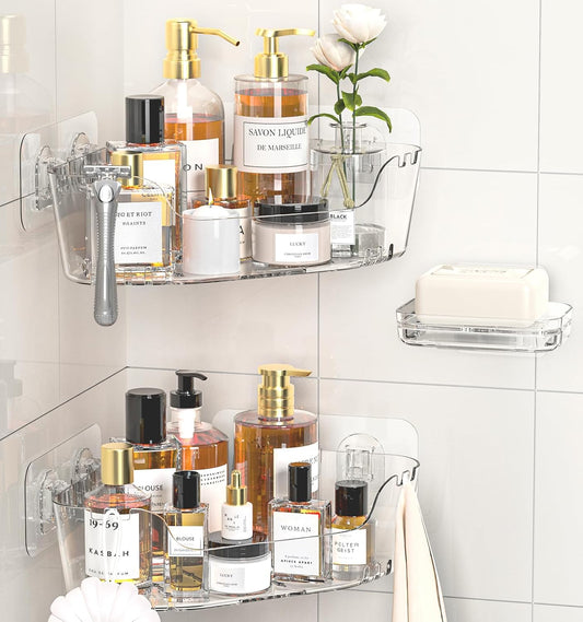 Corner Shower Caddy, 3-Pack Adhesive Shower Organizer with Soap Holder and Hooks, Rustproof Corner Shower Shelves, No Drilling Bathroom Organizer for Bathroom