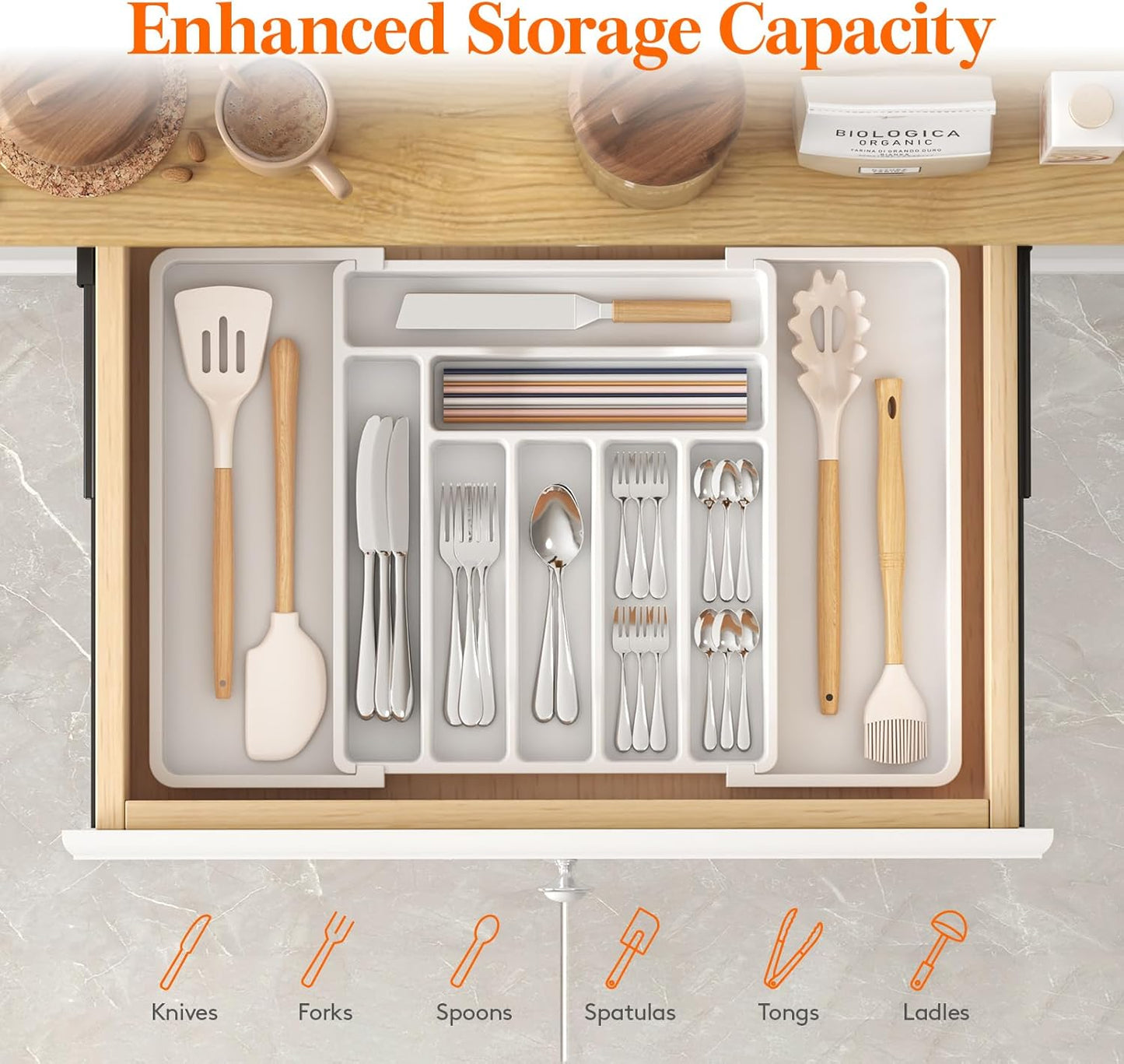 Lifewit Silverware Drawer Organizer, Expandable Utensil Organizer for Kitchen Drawers, Adjustable Cutlery and Flatware Tray, Plastic Spoons Forks Knives Holder Storage Dividers, Large, White