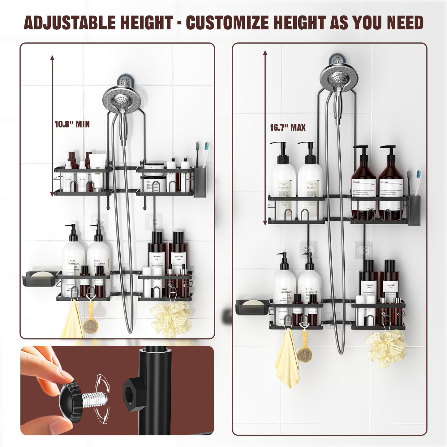 REINHARDT Adjustable Shower Caddy Hanging for Handheld Showerheads, Black
