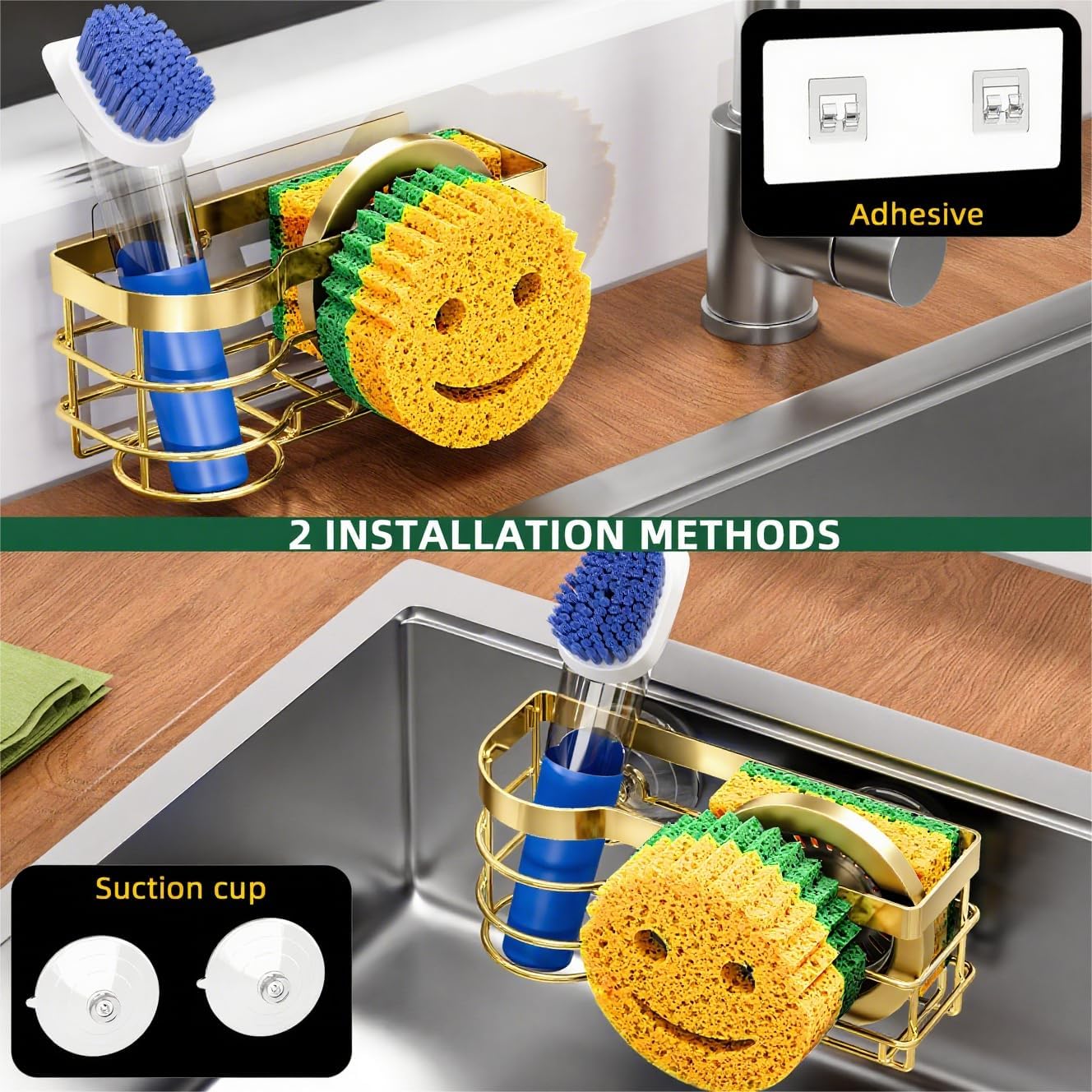 Cisily Gold Smiley Sponge Holder for Kitchen Sink Caddy, Stainless Steel Movable Brush Holder Dish Cloth Hanger, Suction Cup Sink Organizer Scrubbe