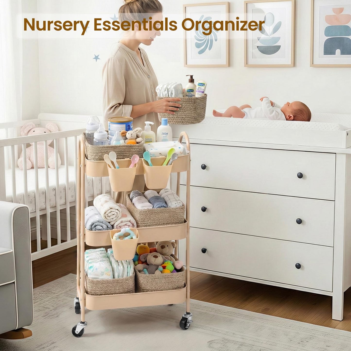 3-Tier Rolling Utility Cart with 4 Woven Baskets, Diaper Book Snack Cart, Storage Organizer for