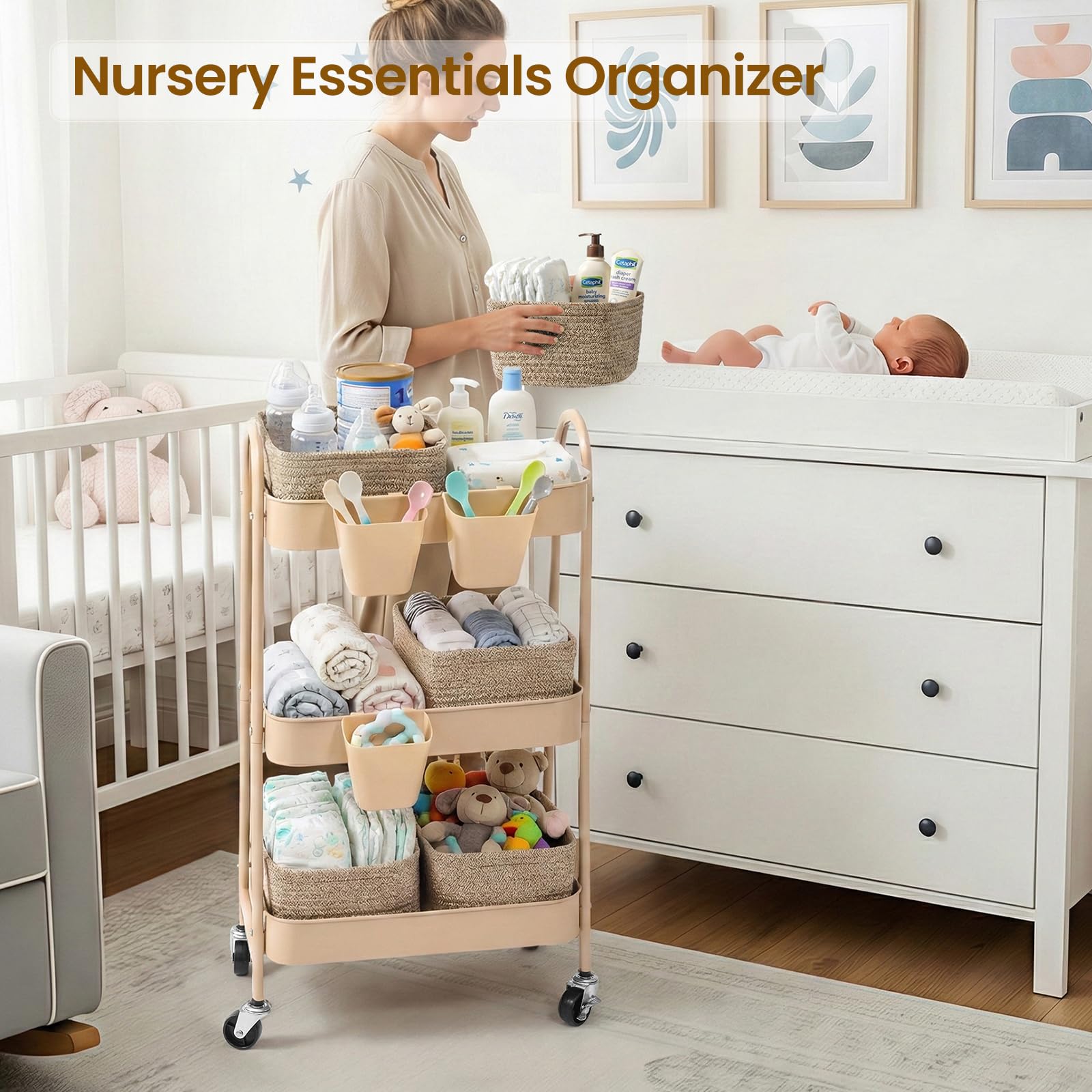3-Tier Rolling Utility Cart with 4 Woven Baskets, Diaper Book Snack Cart, Storage Organizer for