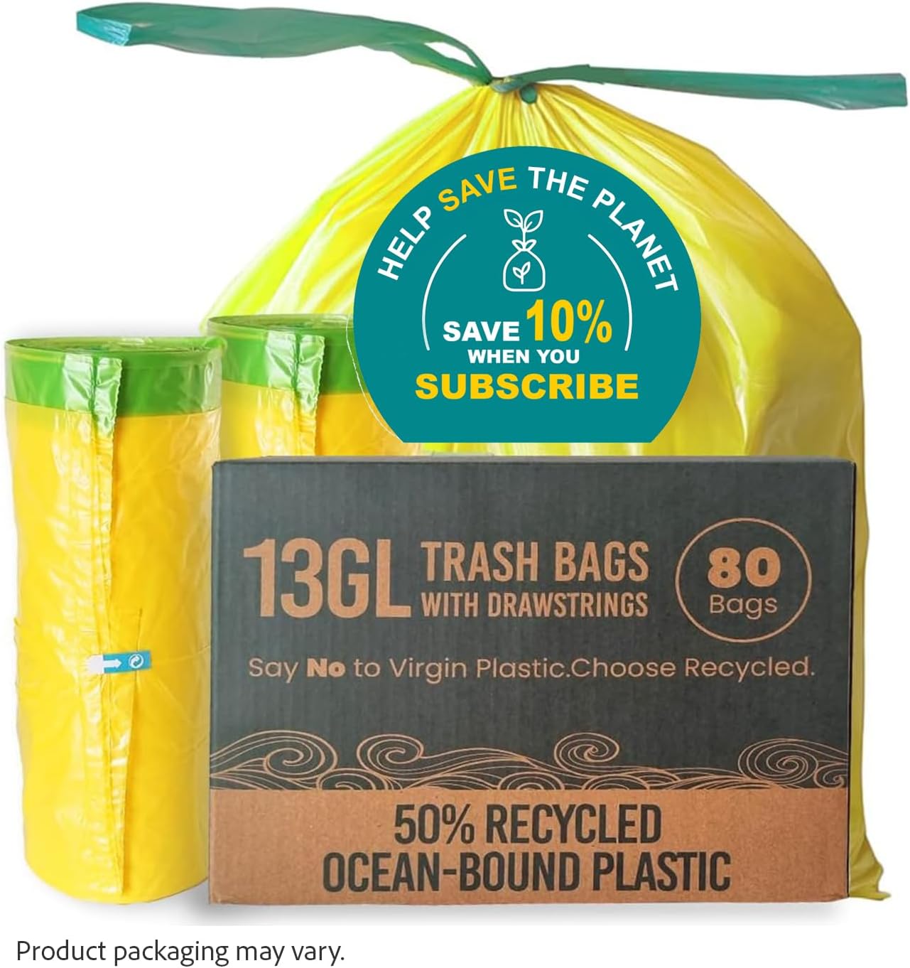 13 Gallon Trash Bags with Drawstrings, 80 Bags Made from 50% Recycled Plastic, Leakproof and Tear-Resistant, Tall Kitchen Garbage Bags for Home and Office