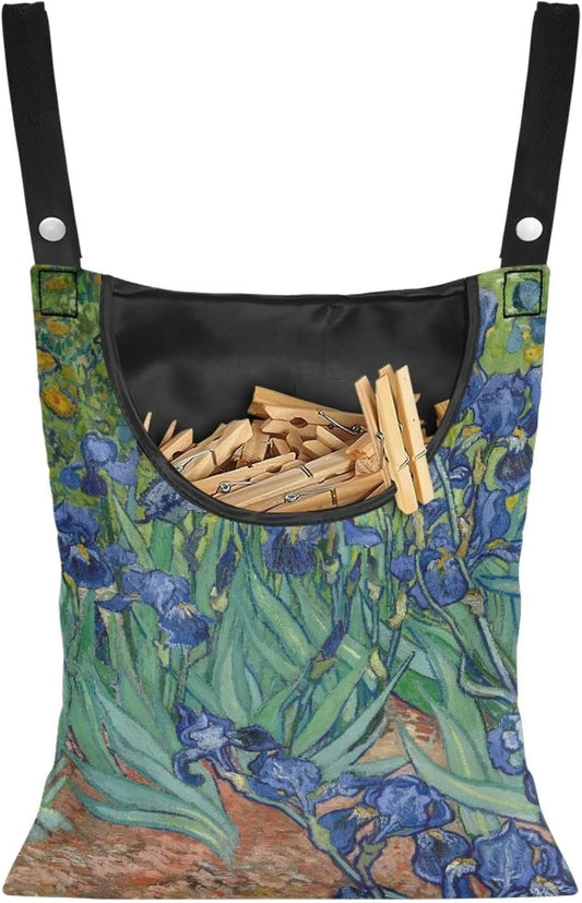 Famous Oil Painting Iris Print Home Clothespin Organizer Bag 14.5"x12" - Large Opening Design for Easy Access - Weather Resistant Hanging Storage Solution for Laundry Rooms Decor