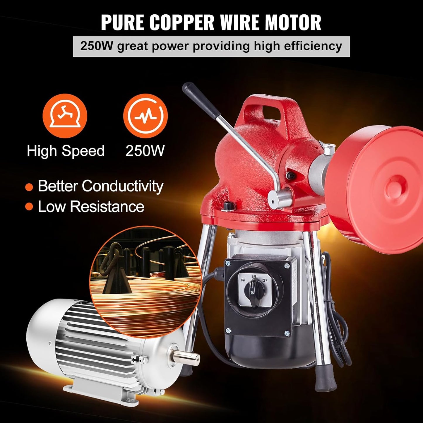 VEVOR Drain Cleaner Machine 66FT x 5/8 Inch, 250W Electric Sewer Snake Auger with 2 Sectional Steel Cables (66' x 5/8" and 15' x 3/8"), 7 Cutters and CW/CCW Control for 1.6" to 4" Pipes