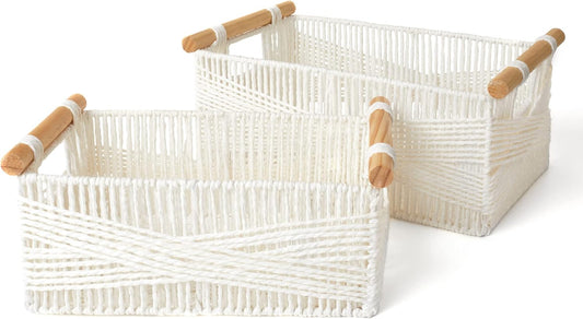 LA JOLIE MUSE Wicker Storage Baskets for Organizing, Recyclable Paper Rope Basket with Wood Handles, Decorative Hand Woven Basket Organizers for Makeup Books Shelves Living Room, White, Set of 2