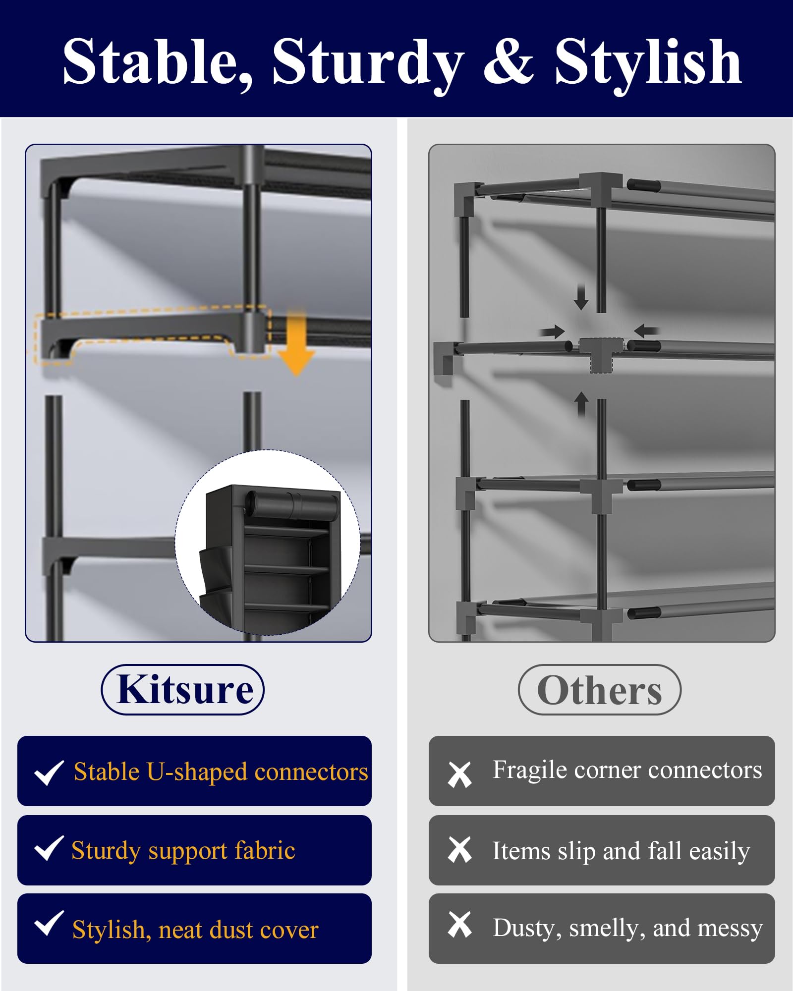 Kitsure 10-Tier Shoe Rack with Cover, Vertical Shelf, 17.5" Wide, Black