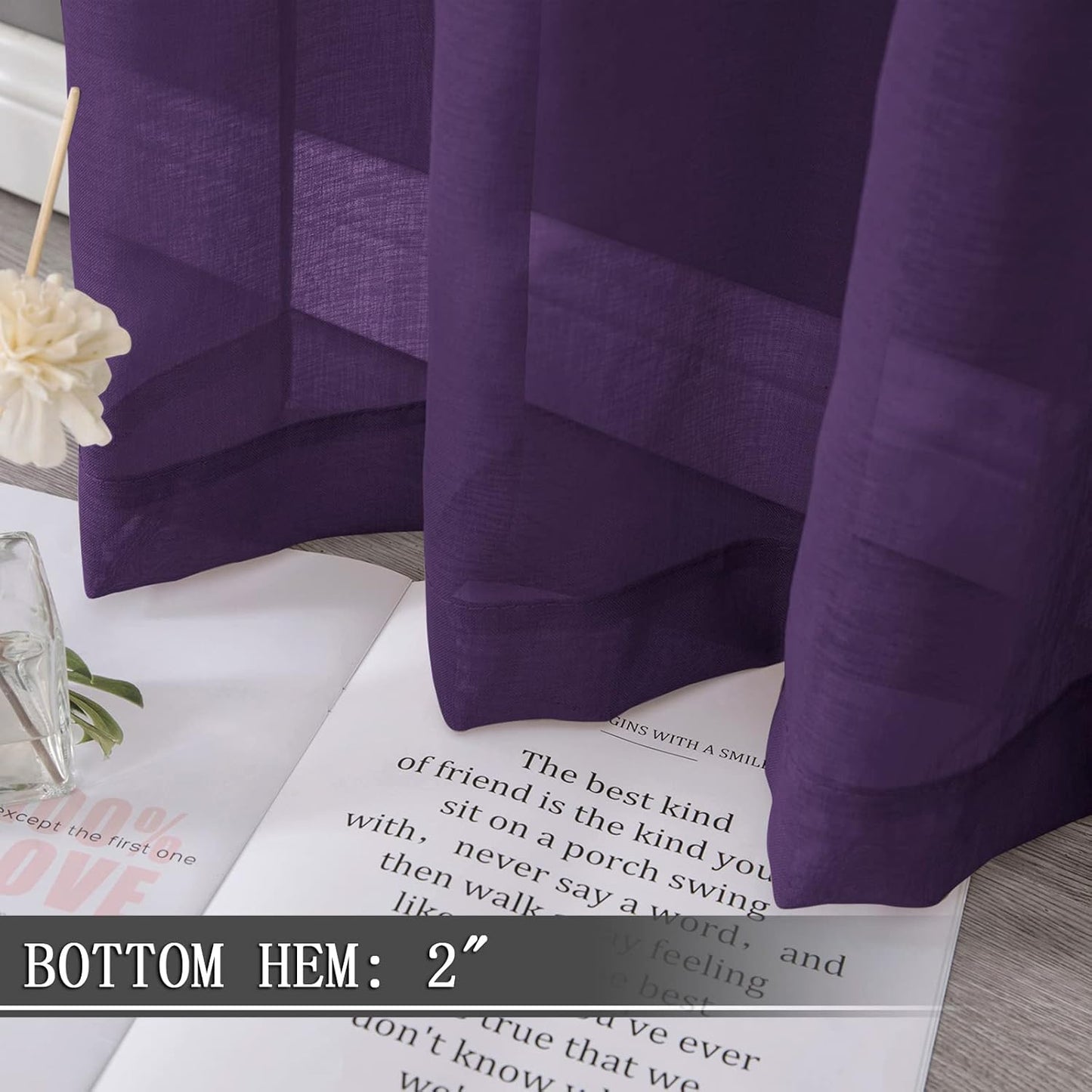 Tollpiz Sheer Curtains Bedroom Linen Textured Curtain Sheers Light Filtering Voile Rod Pocket Curtains for Living Room, 38 x 84 inches Long, Royal Purple, Set of 2 Panels