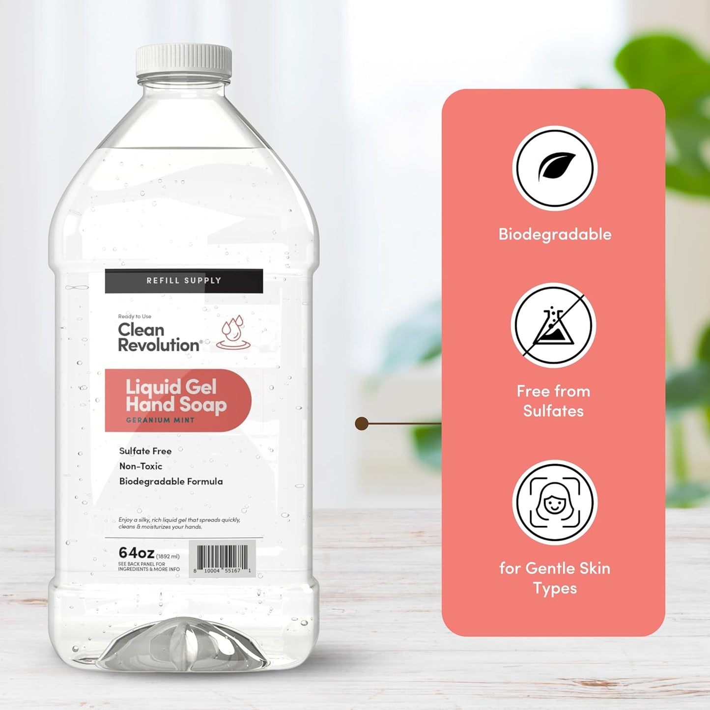 Clean Revolution Liquid Gel Hand Soap, Silky Rich Liquid, Quick Lather, Fast Rinsing, Contains Real Essential Oils (Geranium Mint) 64 Fl Oz