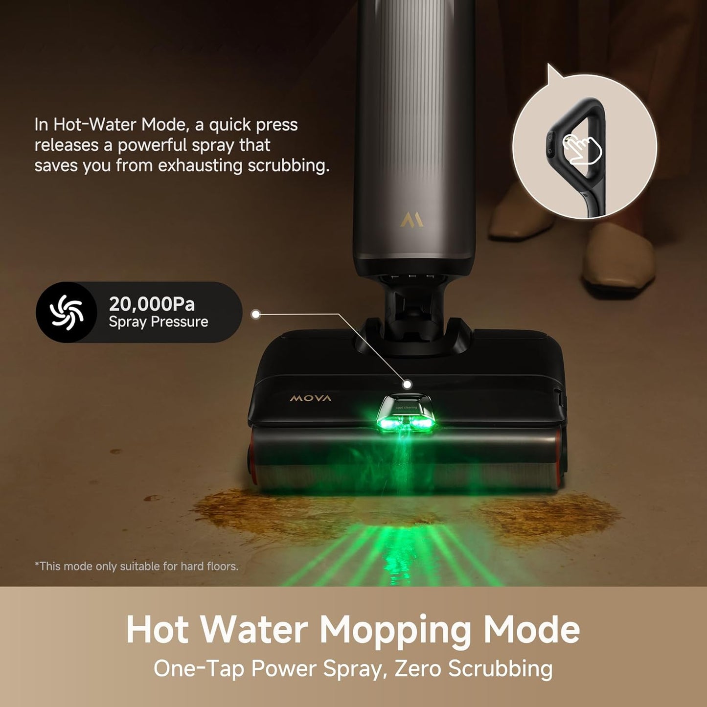 Mova X4 Pro Wet Dry Vacuum Cleaner, 20000Pa Cordless Vacuum Mop with Zero Tangle, Hot Water Mopping for Sticky Messes,194℉ Hot Air Self Drying, 180° Lie Flat, Push-in Charging Station, LED Display