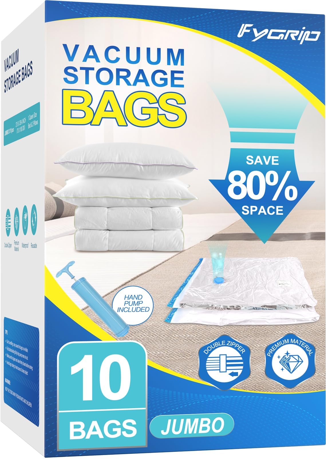 Fygrip 80% Space Saver Vacuum Storage Bags with Hand Pump, 10 Jumbo