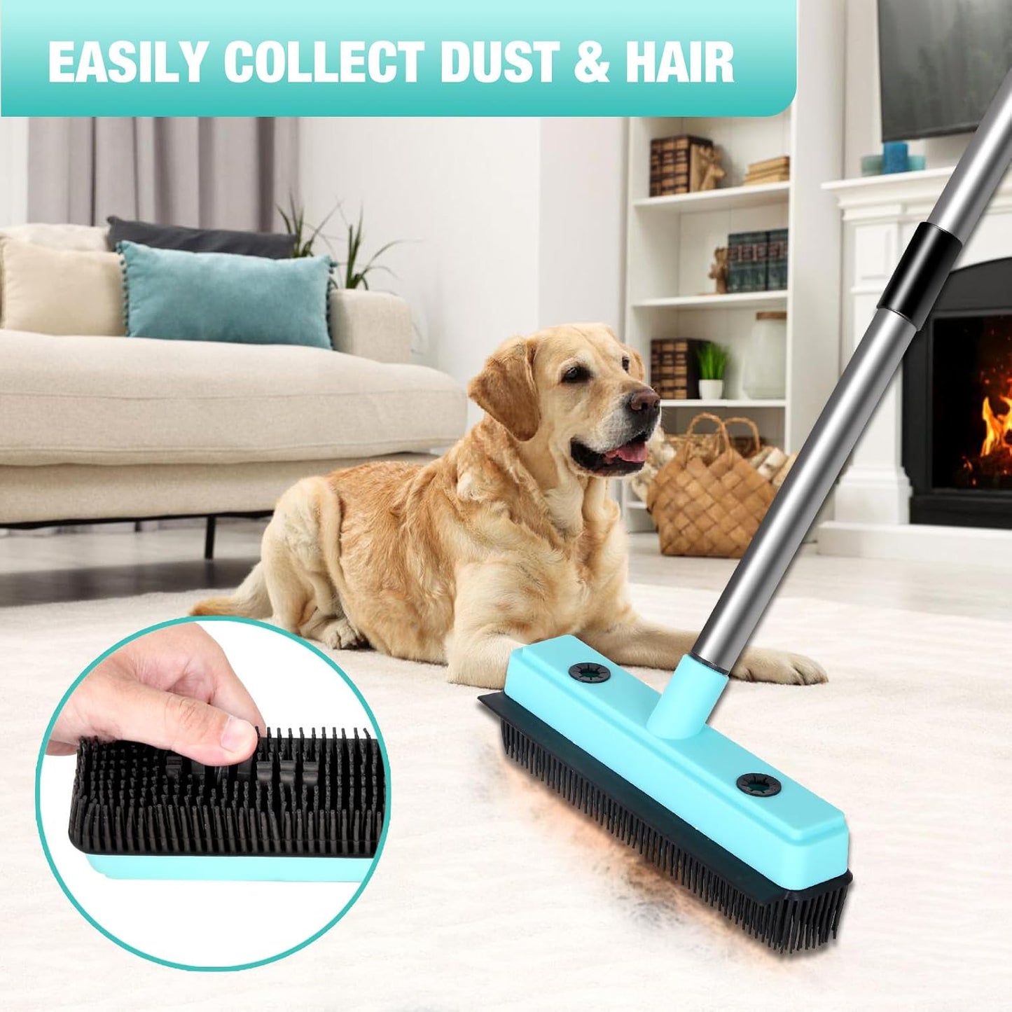 Broom with Dustpan Combo Set,Pet Hair Rubber Broom with Carpet Rake and Squeegee,Long Handle Broom with Upright Standing Dustpan for Indoor Cleaning (Broom and Rubber Broom)