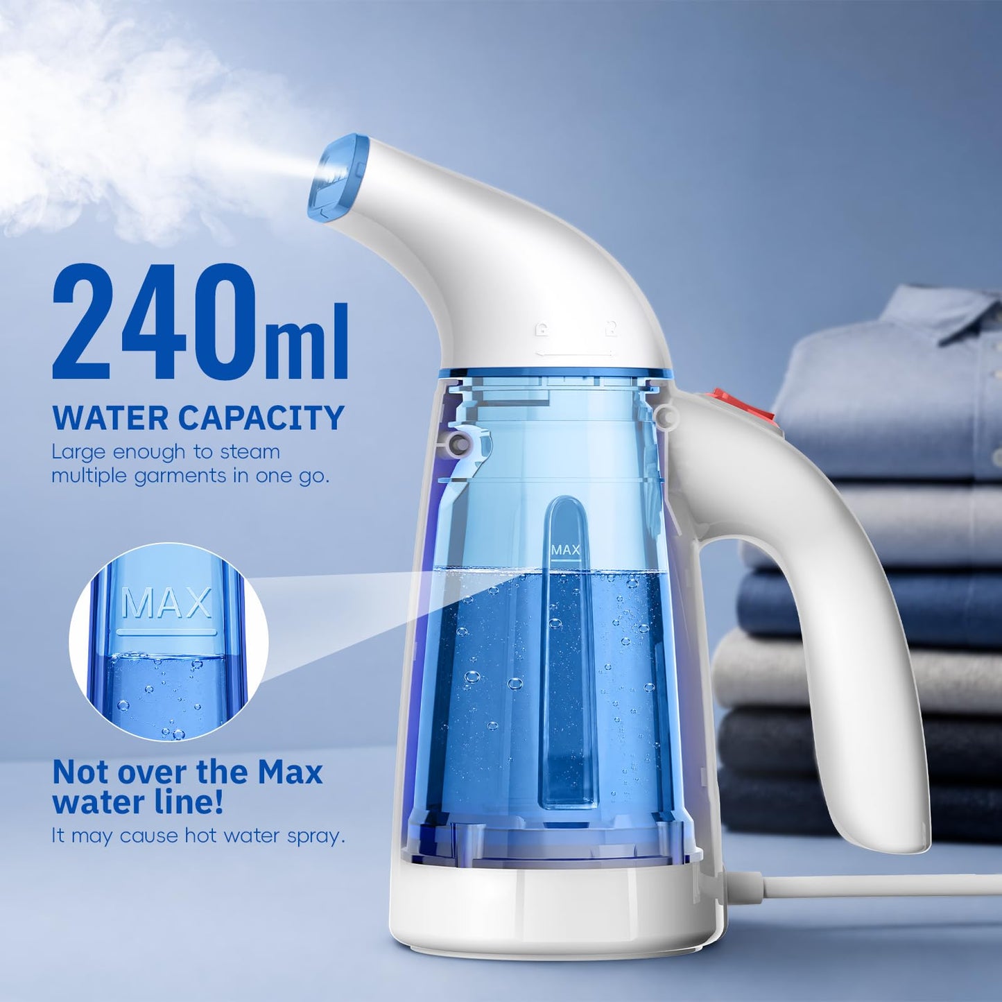 OGHom Steamer for Clothes, Handheld Clothing Steamer for Garment, 240ml Big Capacity 700W Portable