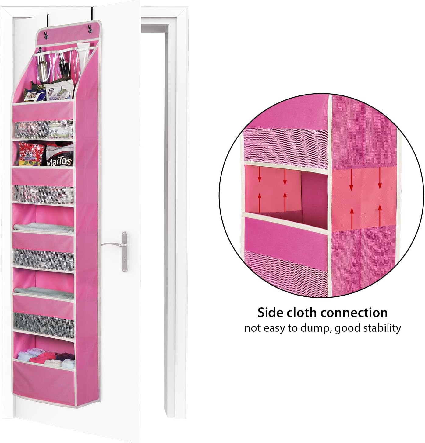 Univivi 6-Shelf Over Door Hanging Organizer Fabric Baby Door Storage with 5 Large Pockets and 3 Small PVC Pockets Wall Mount Hanging Storage Organizers for Baby Essential (Pink)