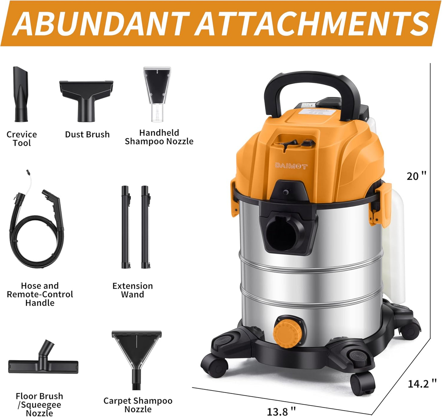 [EFN Clearance] Shop Vacuum Wet and Dry, 6 Gallon 5.5 Peak HP, 3 in 1 Wet/Dry/Upholstery Shop Vac Carpet Extractor for Car Detailing, Stainless Steel Wet Dry Vacuum Cleaner for Carpet (Yellow)