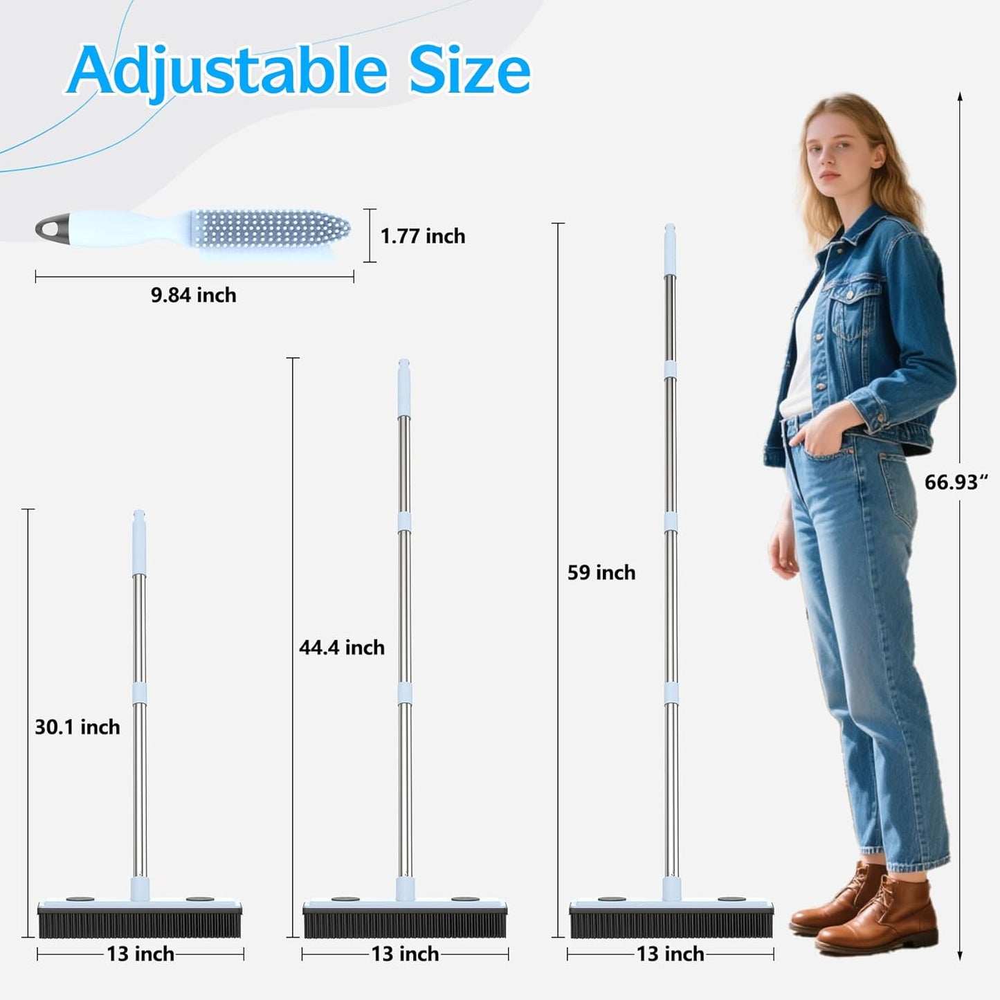 Rubber Broom Carpet Rake for Pet Hair Removal, Fur Remover Broom with 59" Adjustable Handle, Portable Detailing Lint Remover Brush, Soft Push Broom with Squeegee for Carpet, Hardwood Floor, Tile