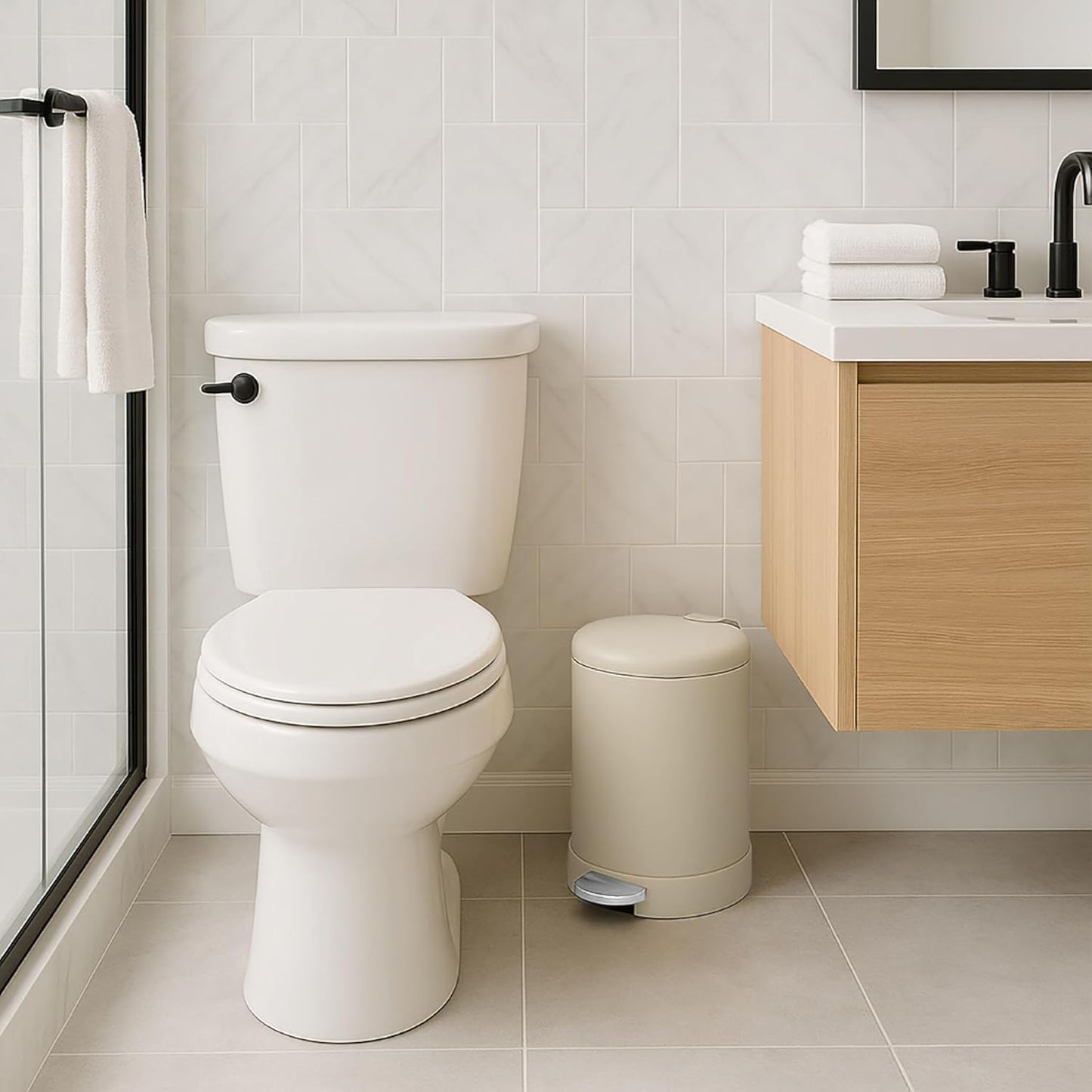 Glad Small Trash Can, 1.2 Gallon | Round Stainless Steel Garbage Bin with Soft Close Lid & Step Foot Pedal | Metal Waste Basket with Removable Inner Bucket, Almond