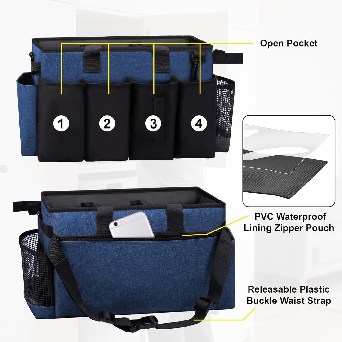 Wearable Large Cleaning Caddy Bag for Housekeeper, Clean Supply Organizer with Adjustable Shoulder, Waist & Handle Straps, Detailing Bag for Kitchen Supplies (Blue)