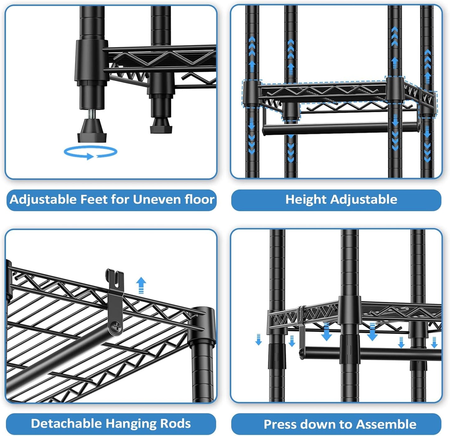 IZEUK 2 Combination Heavy Duty Garment Rack Wire Clothes Rack for Hanging Clothes, Metal Freestanding Closet Wardrobe Rack with 3 Rods Black 15.7" D x 43.3" W x 76.5" H