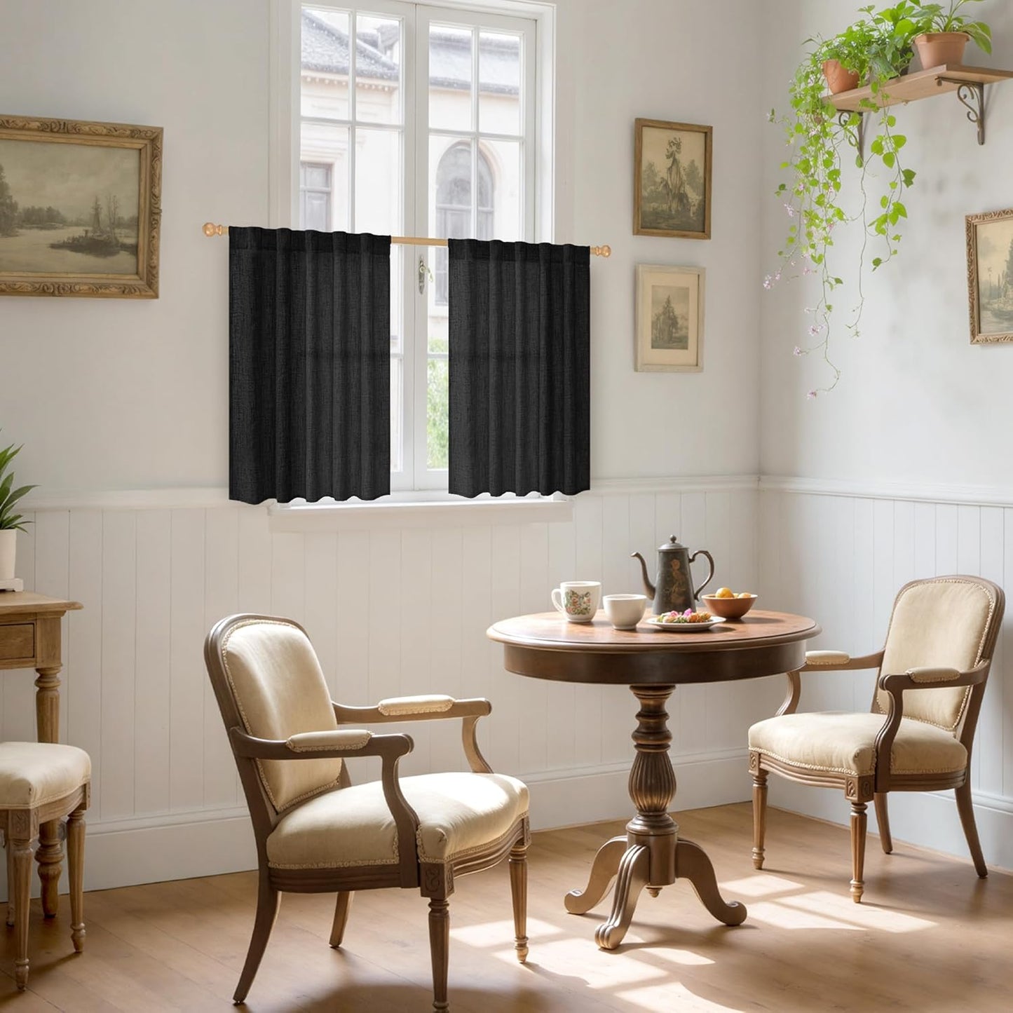 YoungsTex Black Linen Curtains 36 Inch Long for Kitchen 2 Panels, Light Filtering SemI Sheer Drapes Short Length with Back Tab Rod Pocket for Bathroom Cafe Gothic Decorative Privacy, 42 X 36 Inch