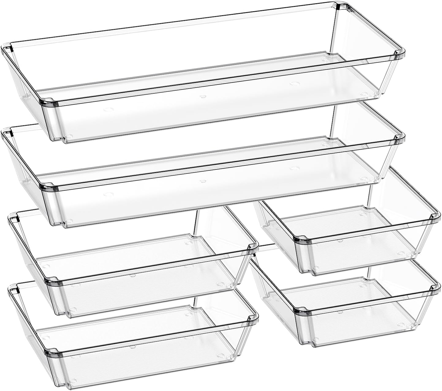 6 Pack Large Clear Plastic Drawer Organizer Trays, Desk Drawer Organizers and Storage Dividers, Non-Slip Storage Bins for Jewelry, Snacks, Office, Bathroom, Bedroom and Kitchen