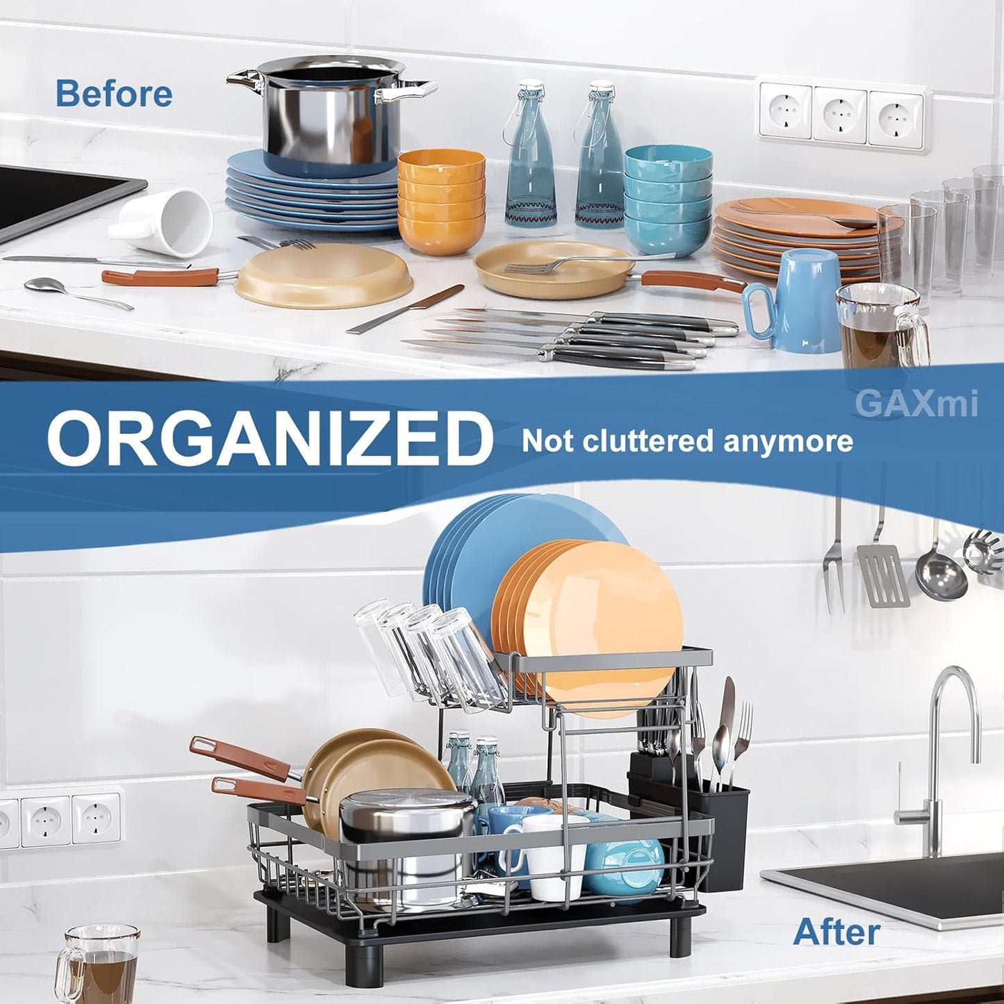 GAXmi Dish Drying Rack Over The Sink Drainer with Drainboard Utensil Holder Cup Holder, 2-Tier White