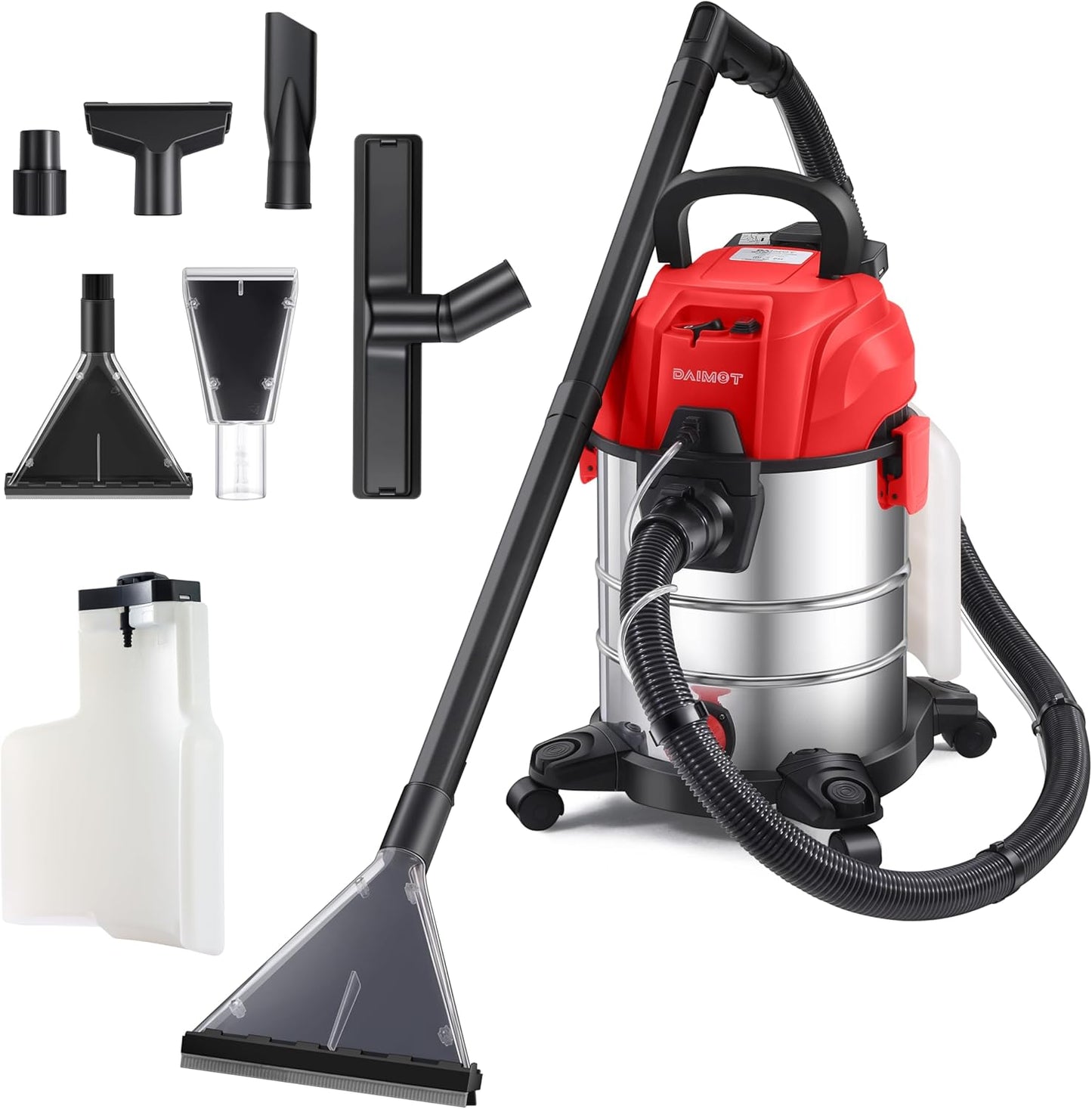 Shop Vacuum Wet and Dry, 6 Gallon, 5.5 Peak HP Power Suction, 3 in 1 Stainless Steel Shop Vac with 4.5L Upholstery Shampoo Tank, Water Vacuum Cleaner Carpet Extractor (Red)