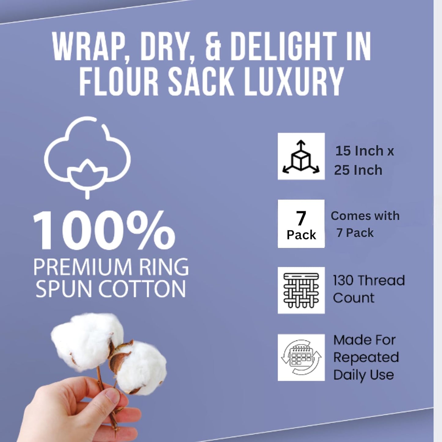 WHITEWRAP Flour Sack Towels| Tea Towel for Crafts| Kitchen Dish Cotton Blank Towel for Embroidery|Baking Bread Proofing Linen Cover| Thick Absorbent Quick Dry| 7 Pack 15"x25" Natural