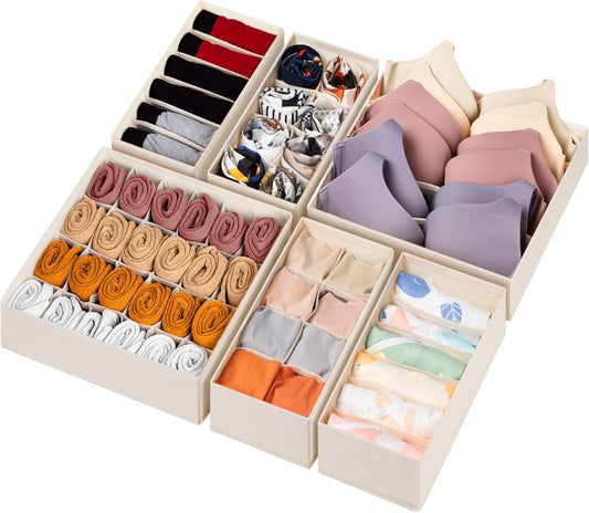 6 Pack Sock Underwear Drawer Organizer Dividers, 58 Cell Foldable Fabric Dresser Closet Organizers and Storage Bins for Clothing, Baby Clothes, Bra, Panty, Scarf, Ties (Beige)