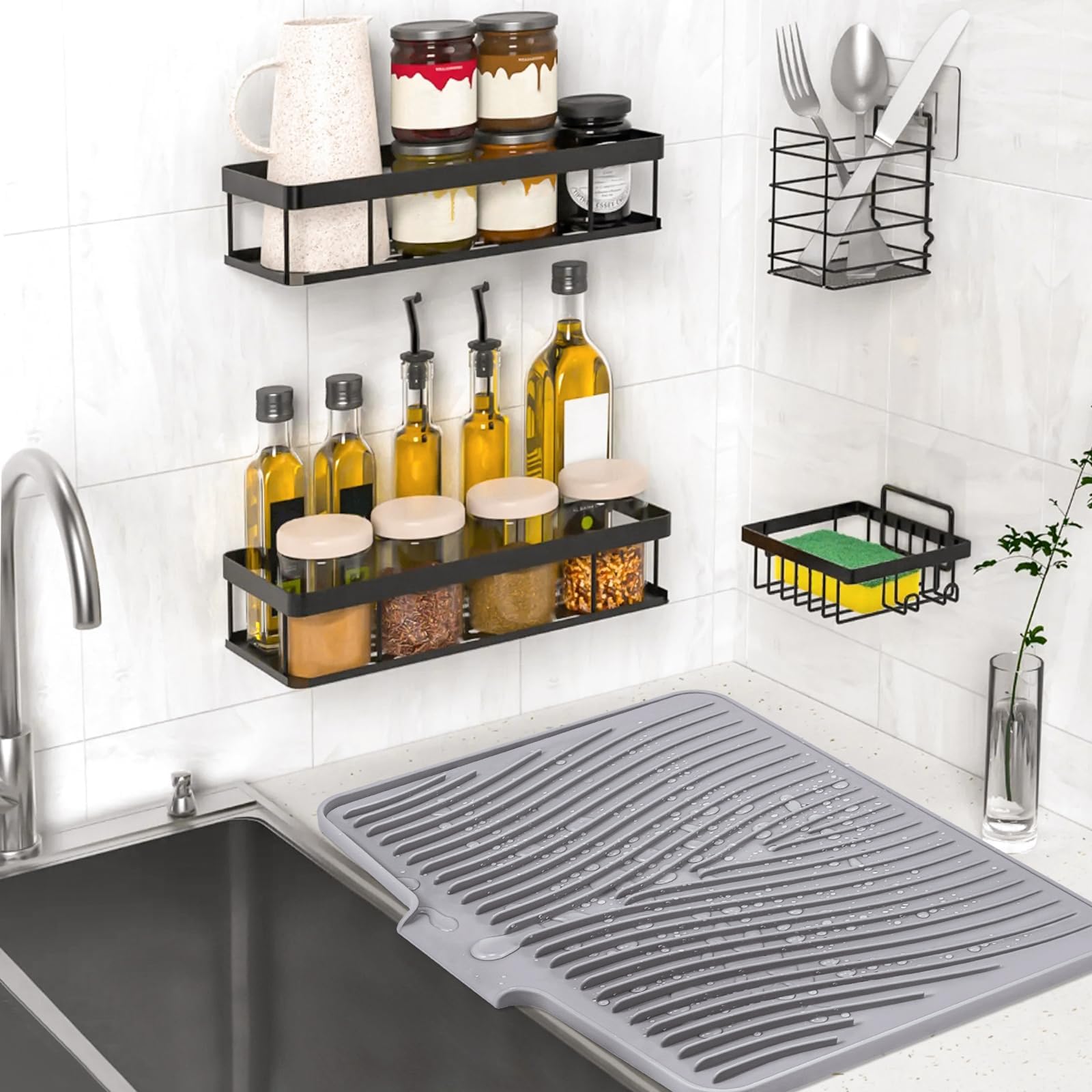 TIKNIK Silicone Dish Drying Mat for Kitchen Counter, Grey-1pcs, 16" x 12"