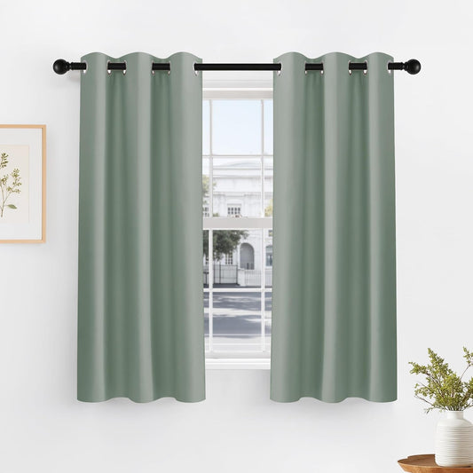 PONY DANCE Sage Green Small Curtains for Kitchen - Blackout Thermal Insulating Curtain for Bedroom Bathroom with Grommet Top, Light Green Drapes for Bedroom, Wide 42 x Long 40 inches, Set of 2