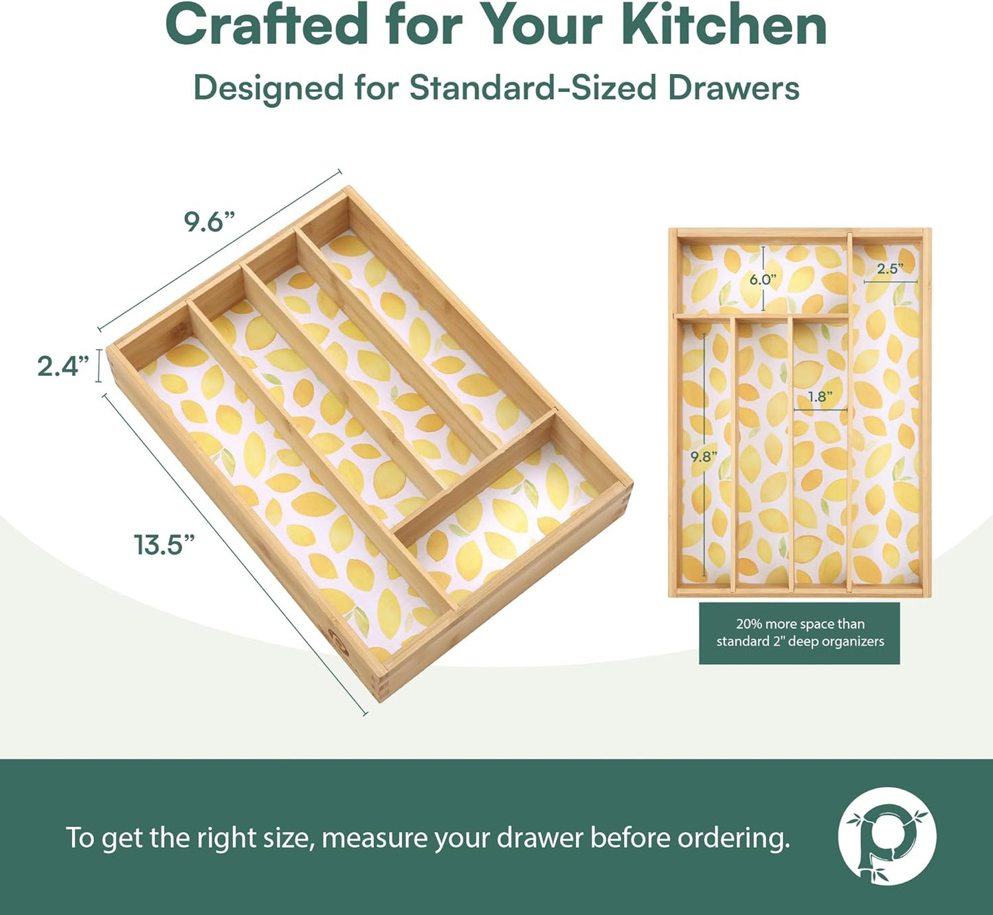 Kitchen Drawer Organizer - Silverware Organizer for Kitchen Organization & Storage, Utensil Holder & Bamboo Organizer for Kitchen Drawers, Kitchen Essentials, 5-Slot, Lemon Print