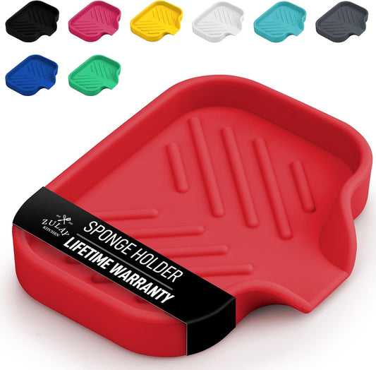 Zulay Small Silicone Sponge Holder (4.9x3.3”) – Space-Saving Sink Organizer Tray for Sponge, Soap, Brush & More – Compact Non-Slip Dish for Kitchen & Bathroom (Red)