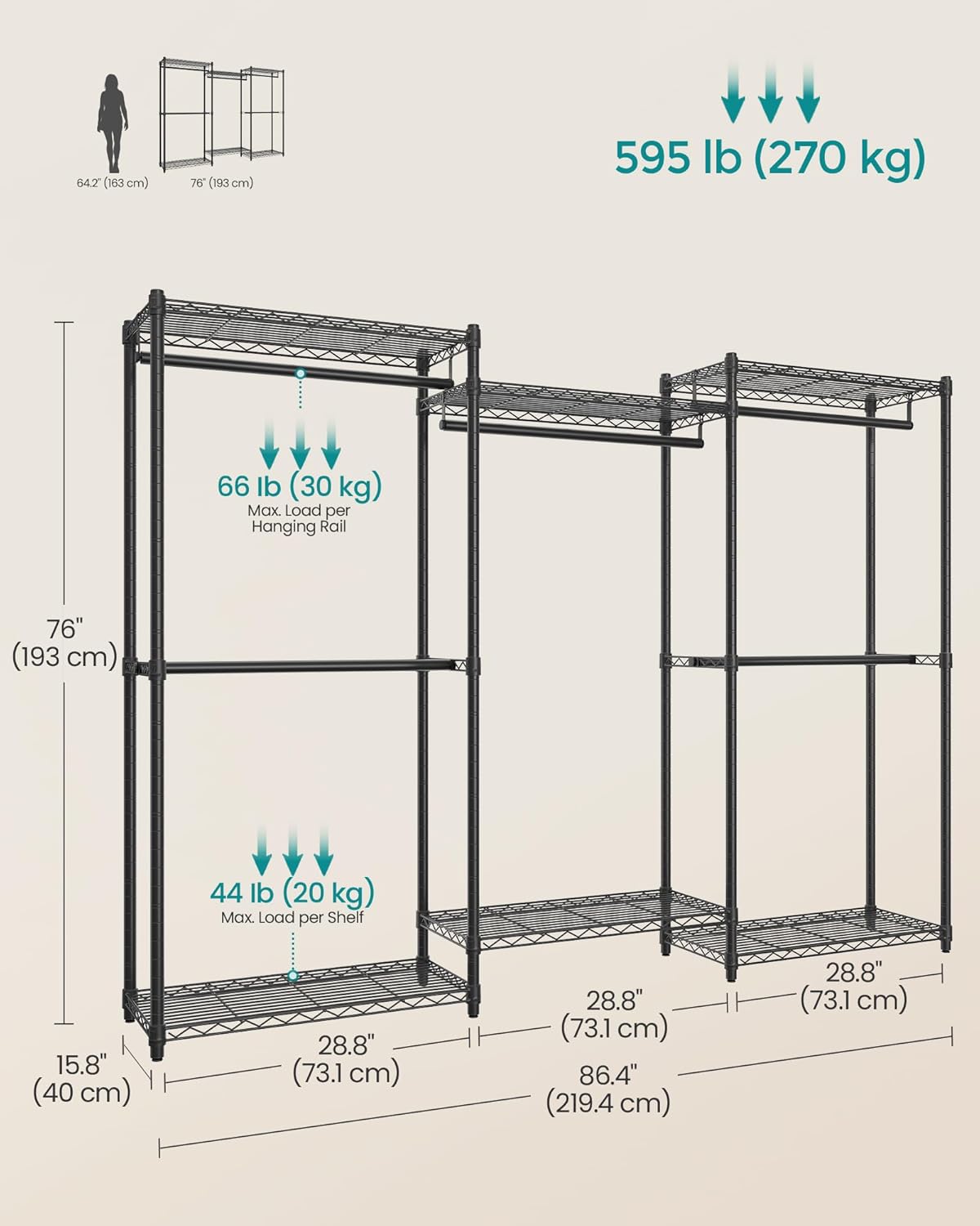 SONGMICS Heavy-Duty Clothes Rack, Garment Rack, Portable Closet, 86.4-Inch Wide Clothing Rack with Adjustable Mesh Shelves and Hanging Rails, Ink Black ULGR434B01