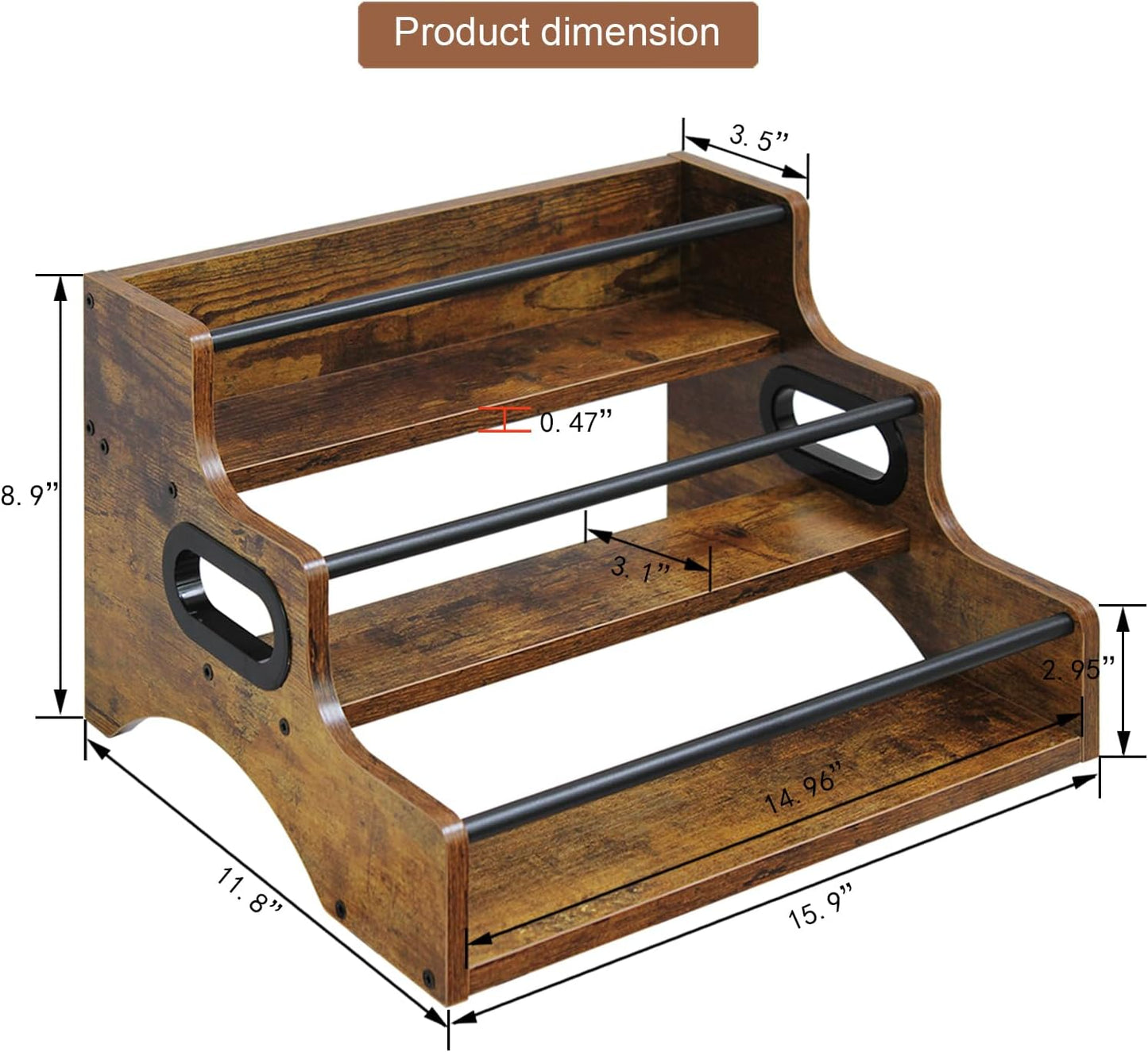 AT-VALY 3-Tier Spice Rack, Iron&MDF Kitchen Storage Shelf, Space-Saving Countertop Organizer for Spices, Herbs, Seasonings, Sturdy Stylish Condiment Holder,Countertop Wine Rack (Rustic Brown)