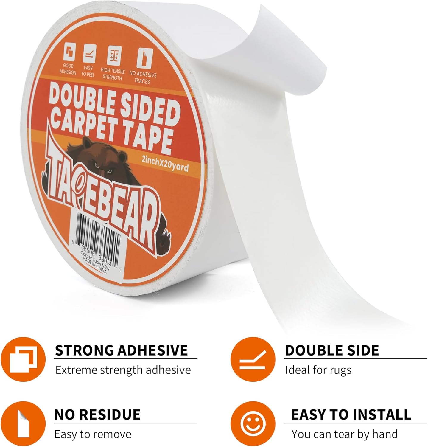 TAPEBEAR Double Sided Carpet Tape 2Inch x 20Yards, Heavy Duty Rug Tape Residue-Free Carpet Gripper for Area Rugs, Wood, Floor, Multipurpose Gripper Non Slip Tape, White