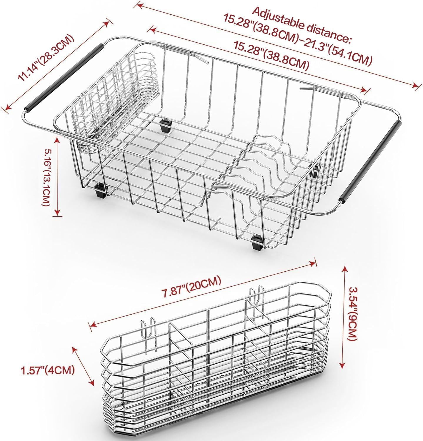 Large Dish Drainer Rack in Sink Adjustable, Expandable 304 Stainless Steel Metal Dish Drying Rack Organizer with Stainless Steel Utensil Holder Over Inside Sink Counter, Rustproof