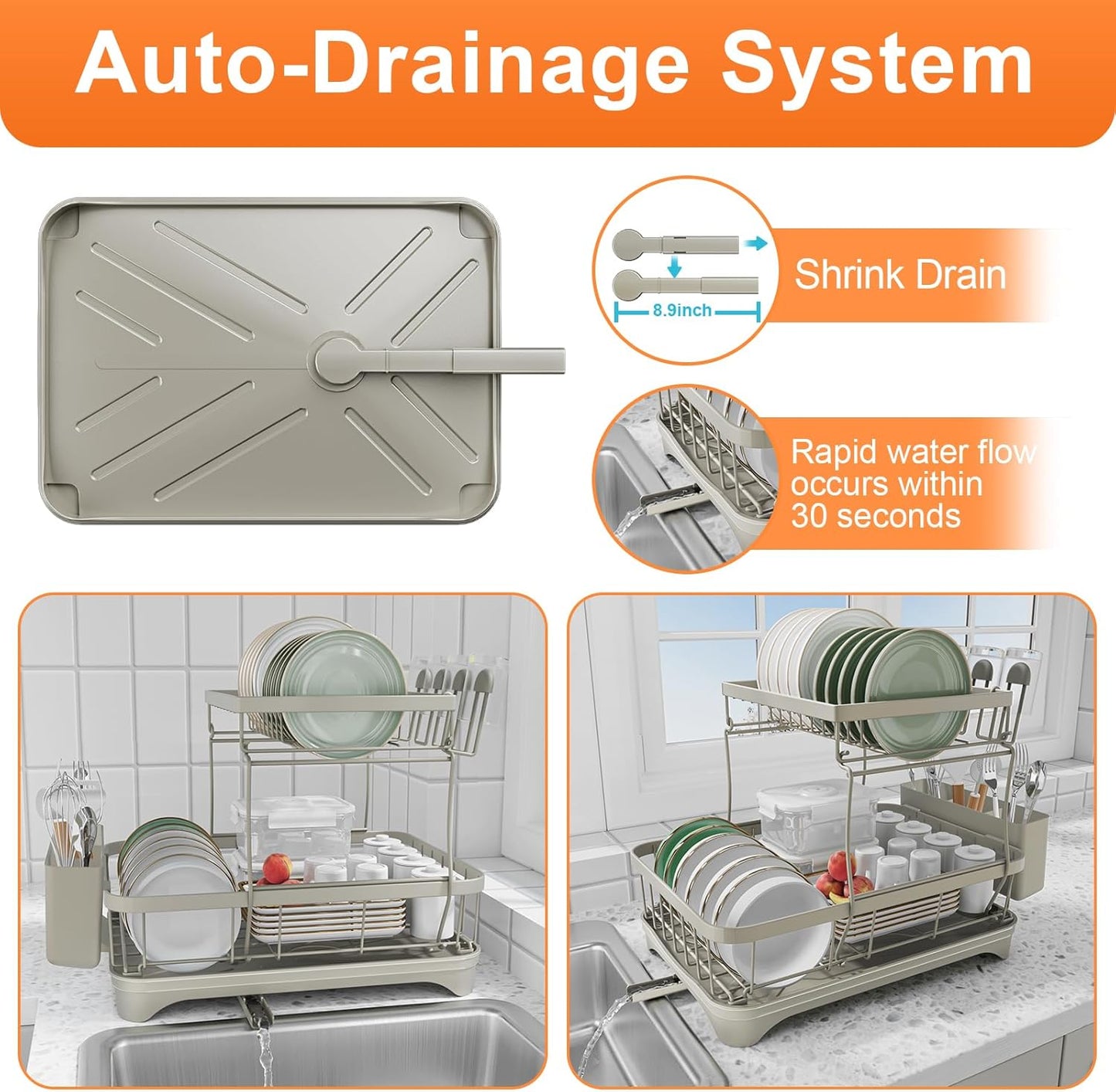 Dish Drying Rack for Kitchen Counter,Two-Tier Dish Rack with Utensil Holder, Auto-Draining Dish Racks, Large Capacity Dish Drainer Organizer for Plates, Bowls, Cups with Drainboard Grey