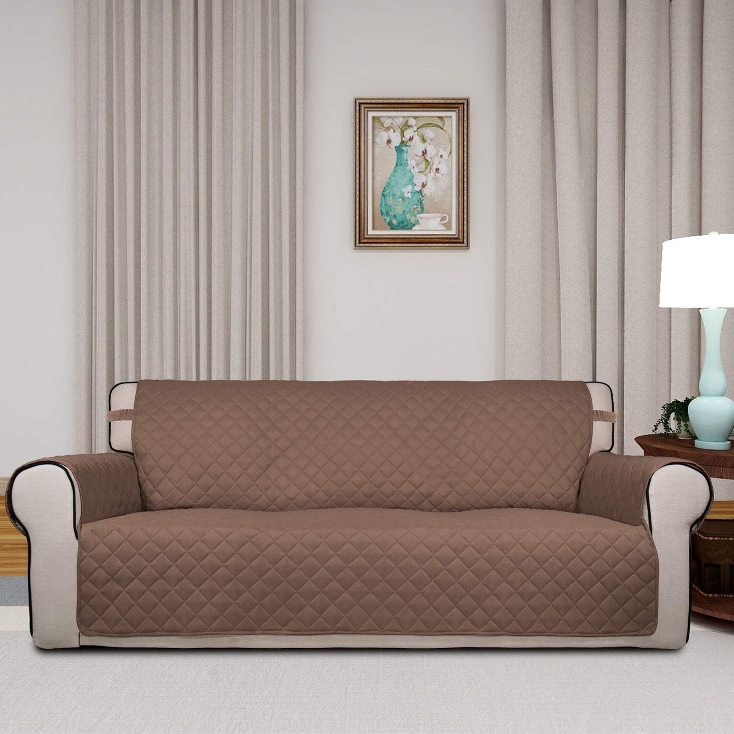 PureFit Reversible Quilted Sofa Cover, Water Resistant Slipcover Furniture Protector, Washable Couch Cover with Non Slip Foam and Elastic Straps for Kids, Dogs, Pets (Large, Brown/Beige)