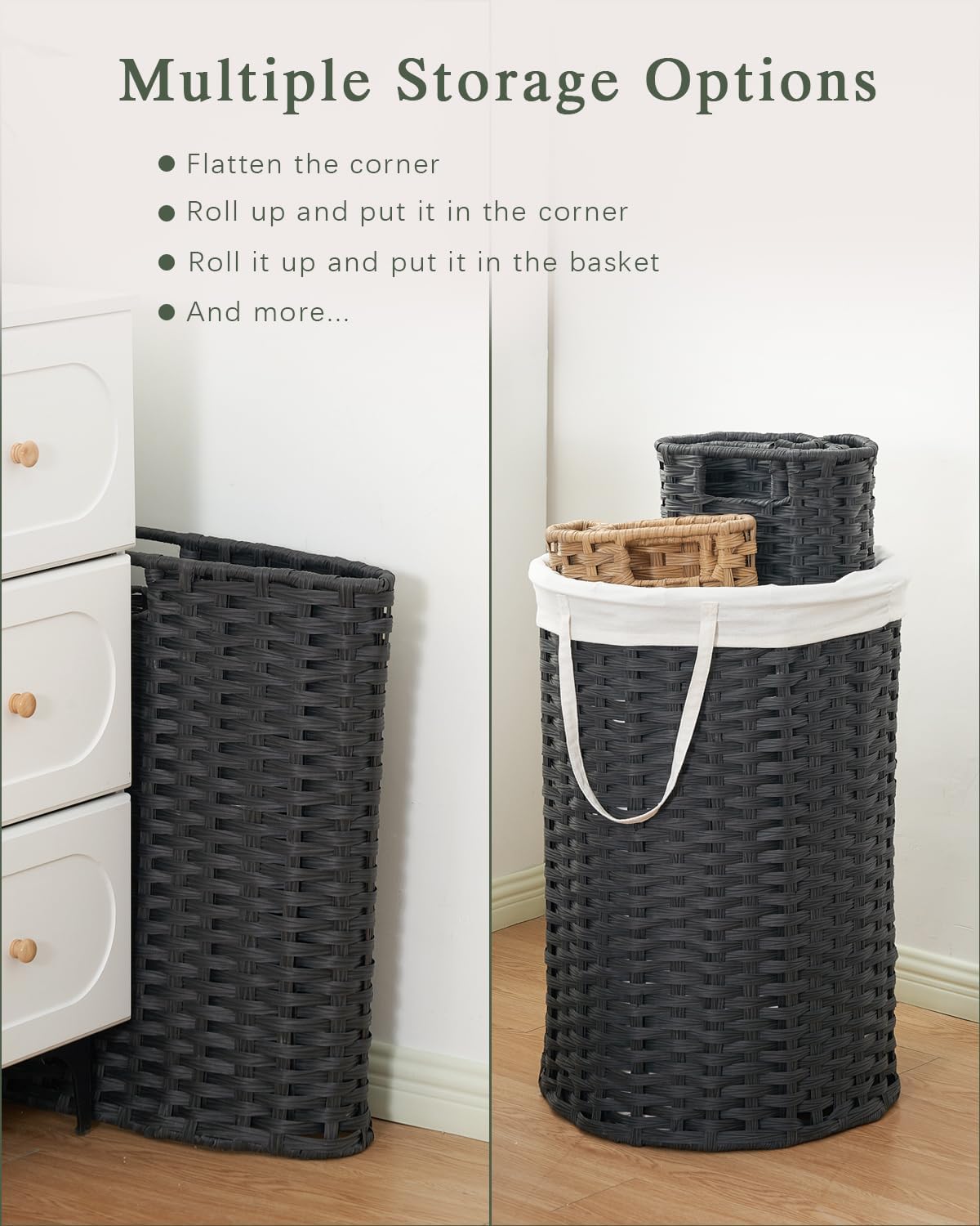 Large Laundry Hamper Laundry Basket Round 34.3 Gal (130 L) Handwoven Wicker Laundry Baskets Rattan Laundry Basket with Laundry Bag Handles 2 Mesh Bags for Living Room Bedroom Black