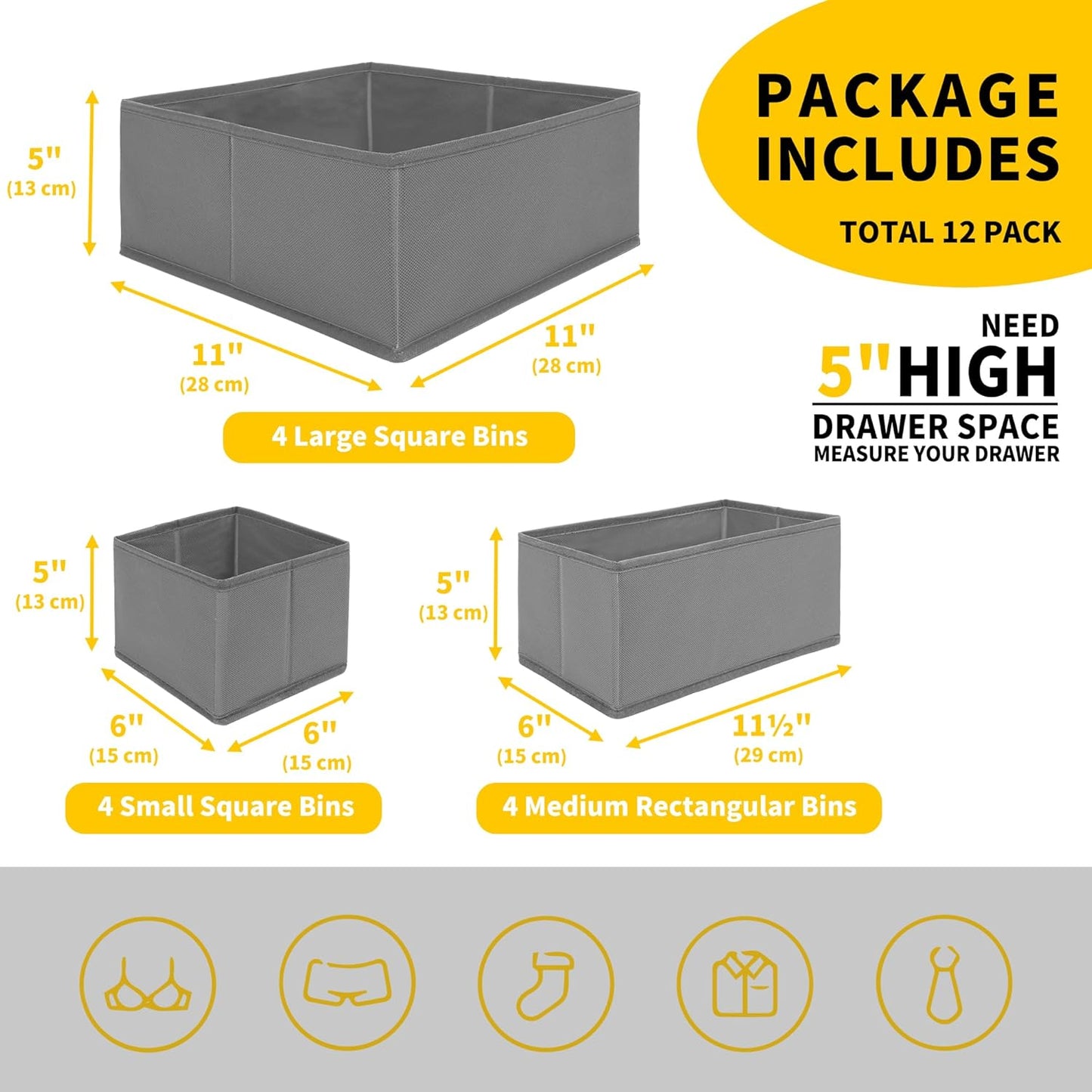 Cupic Cupid Drawer Organizer, Dresser Organizers, Foldabe Drawer Organizer Clothes, Closet Organization and Storage Dividers for Socks, Underwear and Diaper, Set of 12, Gray