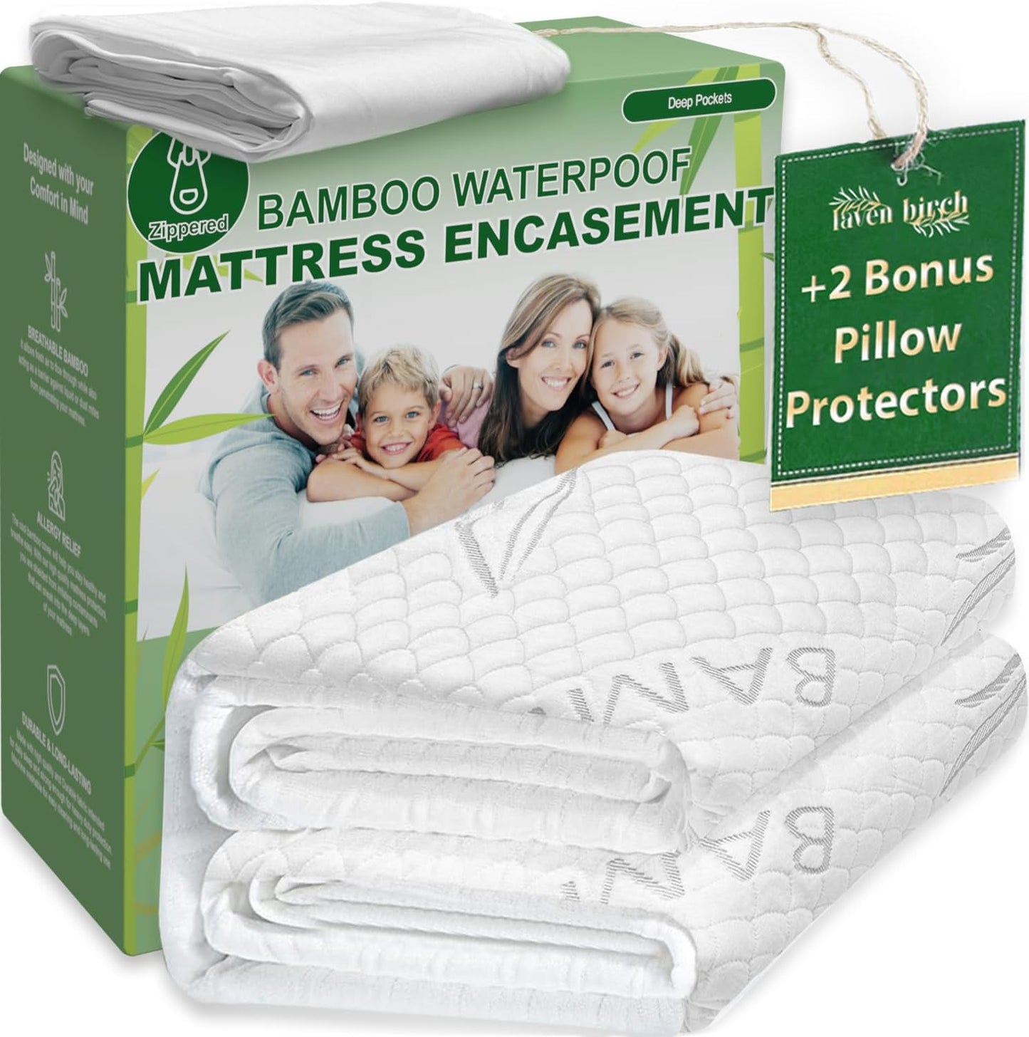 Bamboo Rayon Mattress Protector with Zipper + 2 Pillow Protectors - 100% Waterproof Cooling Full Size Cover - Ultra Soft Fabric Breathable Noiseless Mattress Pad Covers Zippered Encasement